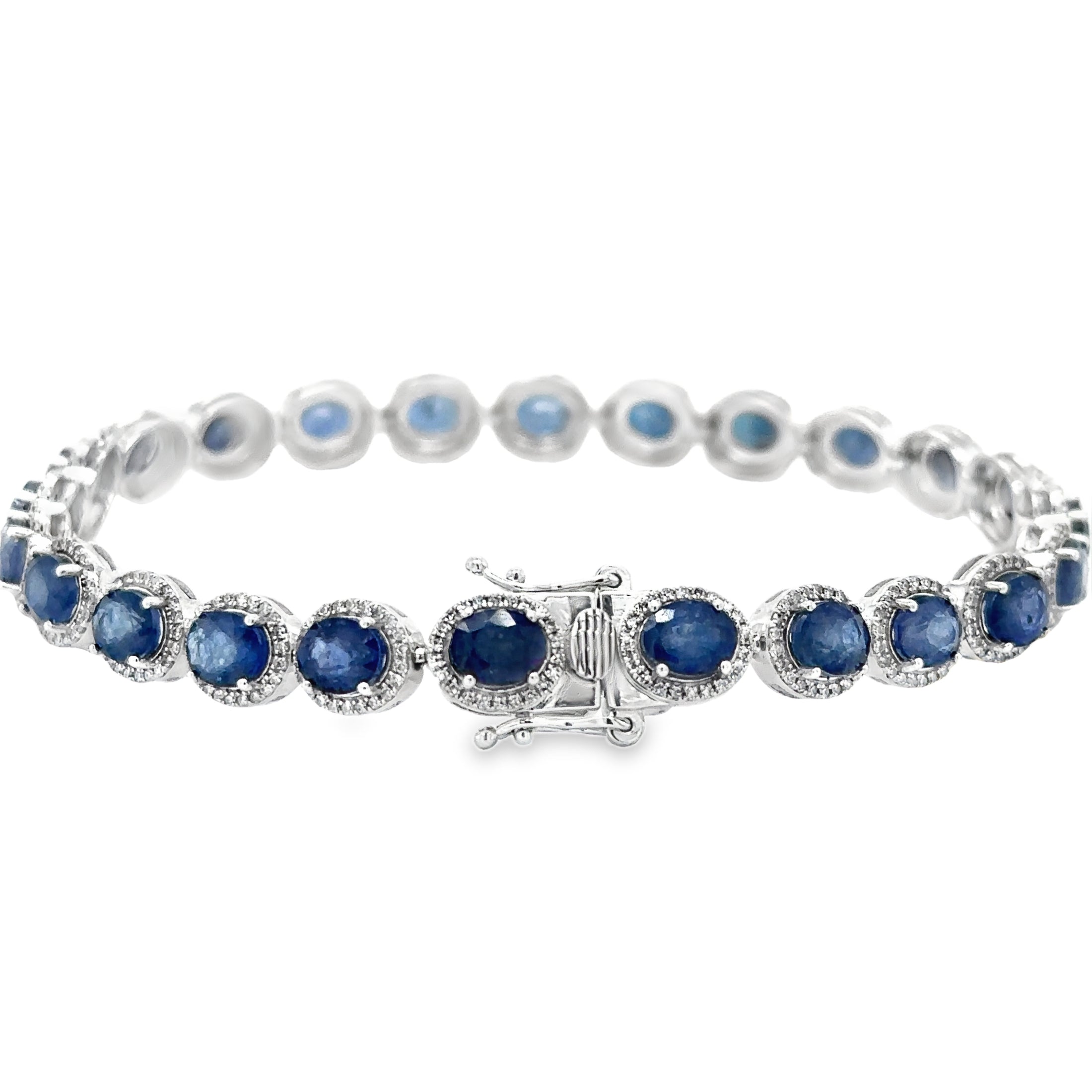 14K White Gold Diamond Sapphire Oval Shape Bracelet 13.33 TCW