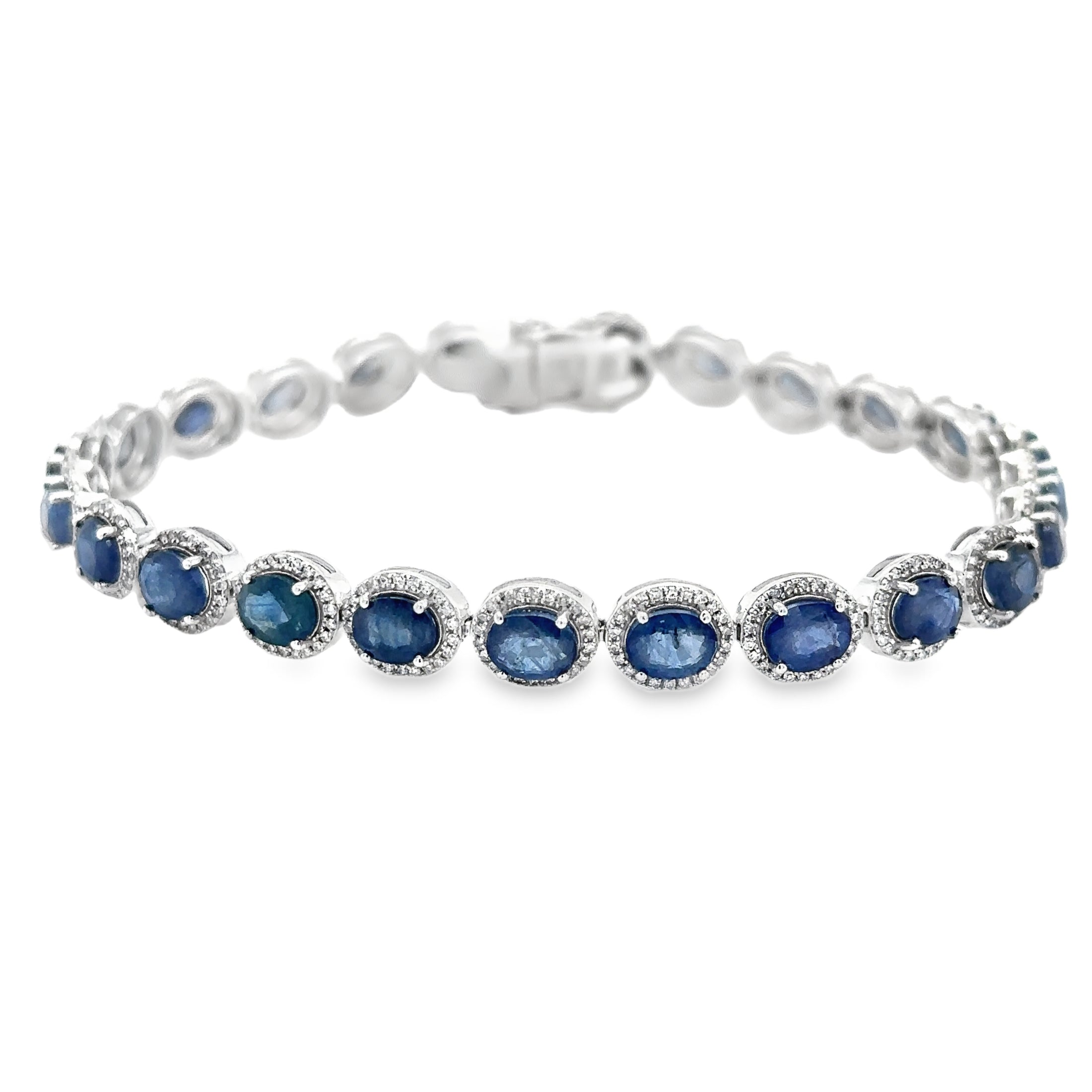 14K White Gold Diamond Sapphire Oval Shape Bracelet 13.33 TCW