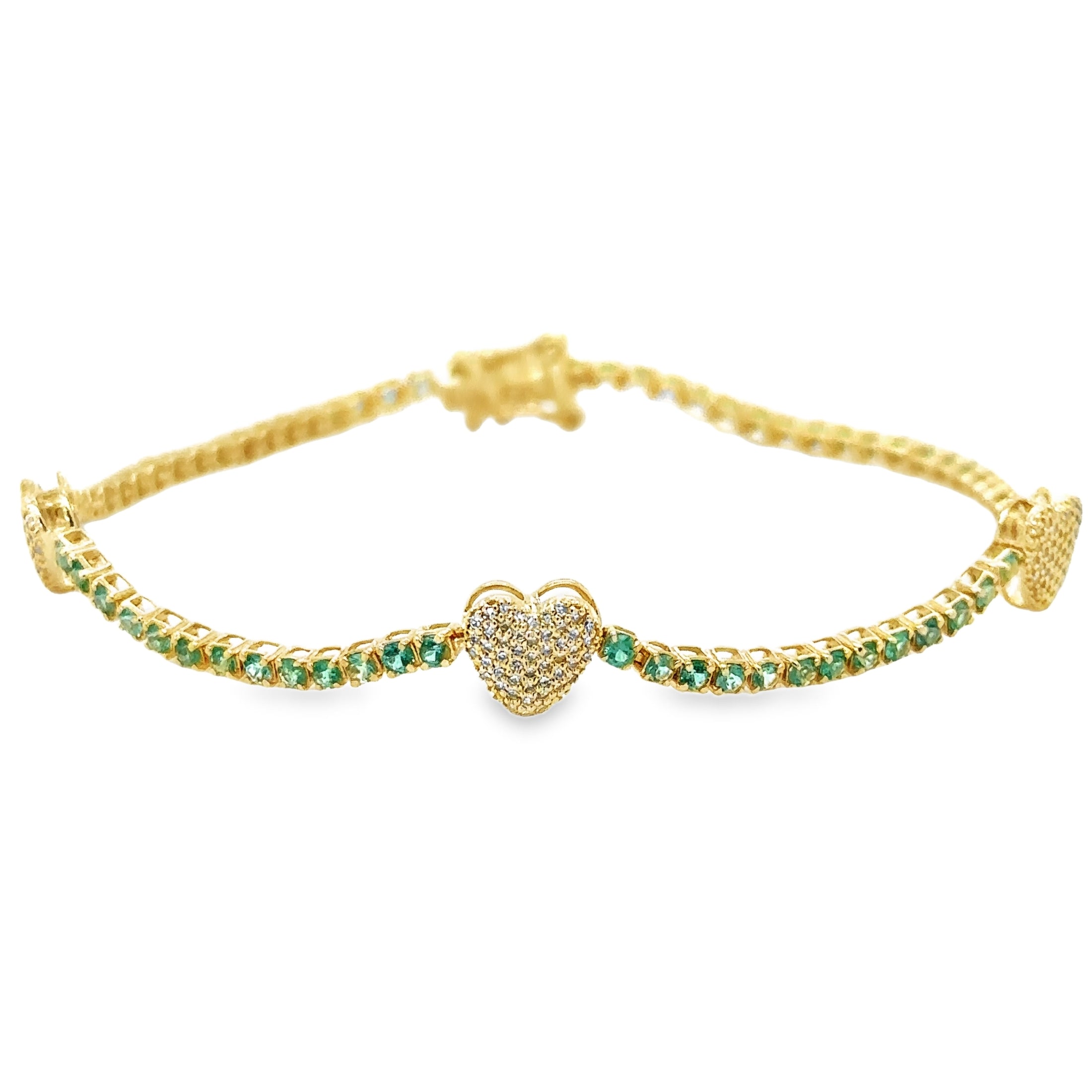 14K Yellow Gold Emerald & Diamonds Heart Tennis Bracelet 1.51 TCW