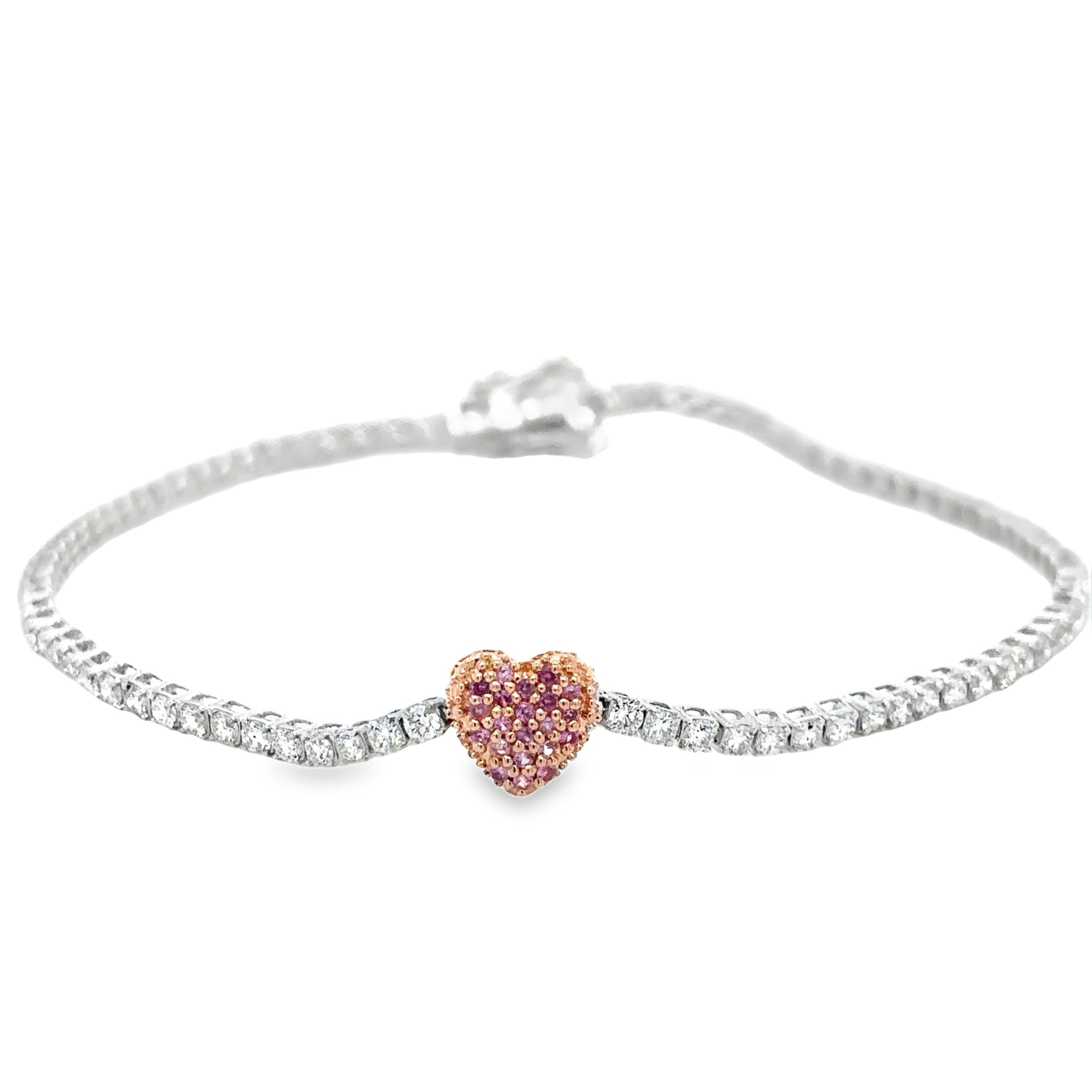 14K Two Tone Pink Sapphire & Diamonds Heart Tennis Bracelet 1.85 TCW