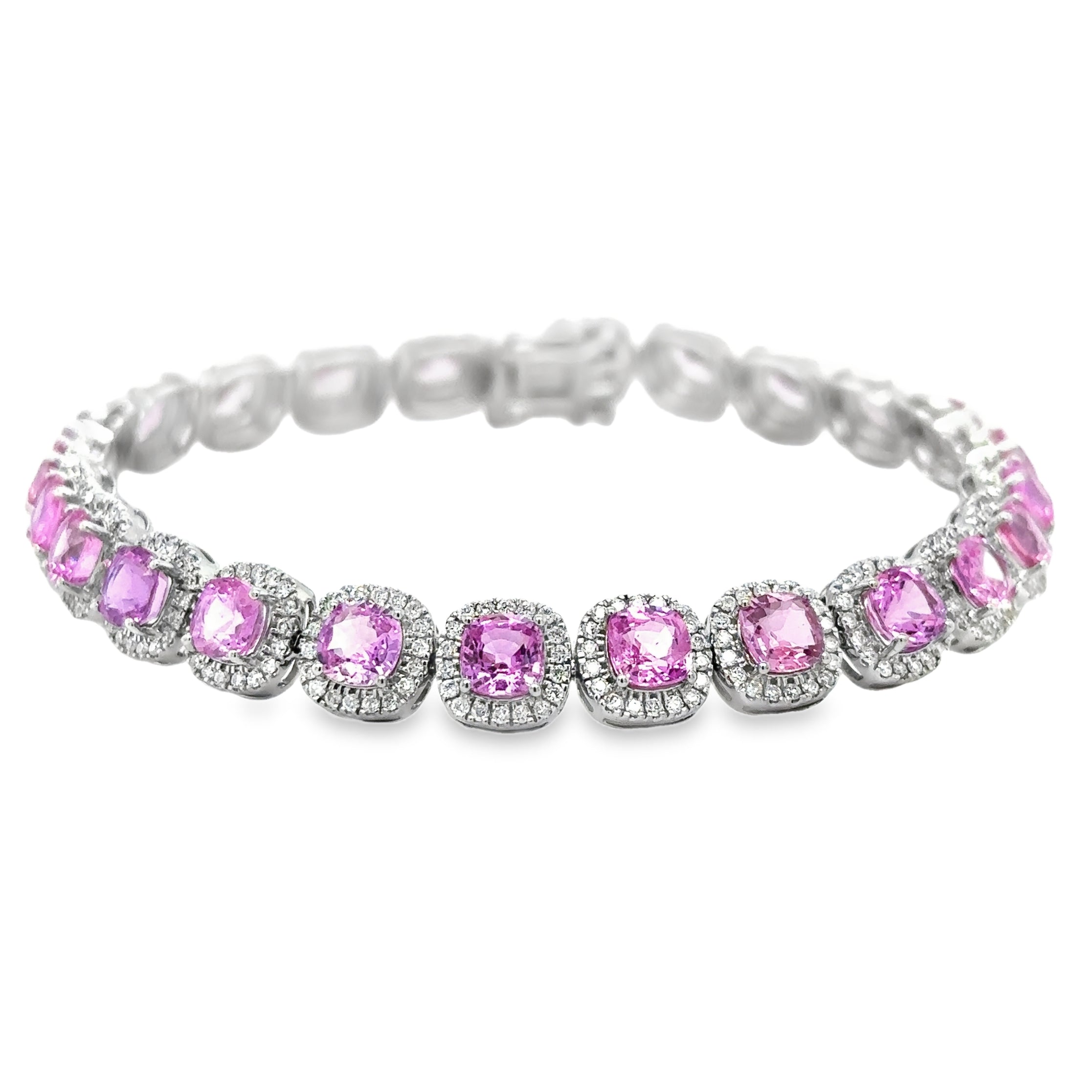 14K White Gold Diamond Pink Sapphire Cushion Shape Bracelet 15.14 TCW