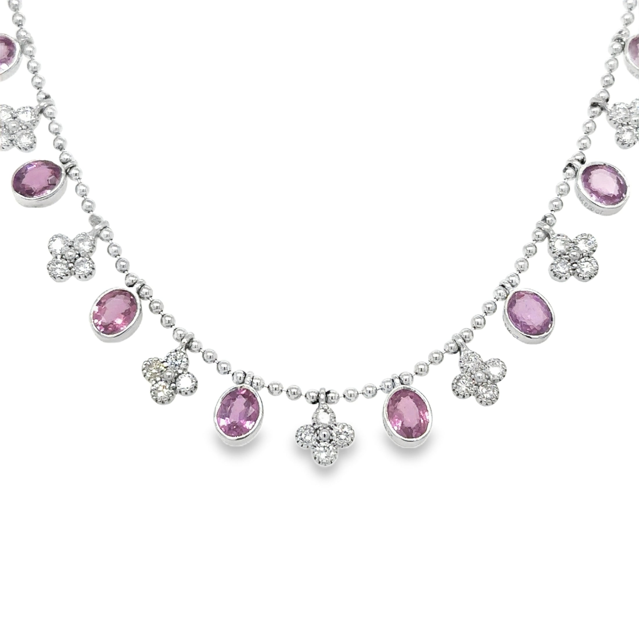 14K White Gold Pink Sapphire & Diamond Clover Dangling Necklace 5.29 TCW