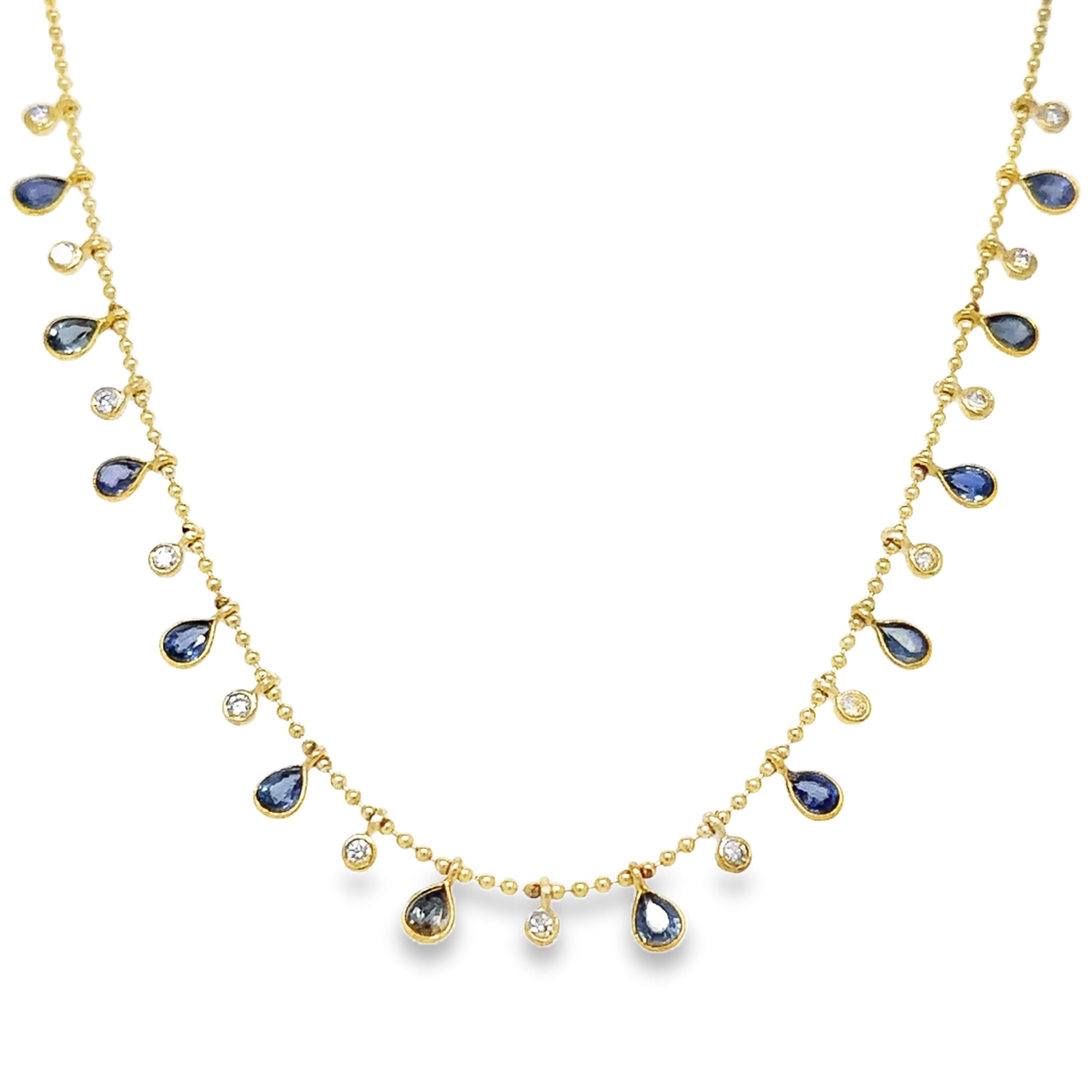 14K Yellow Gold Pear Shape Sapphire & Diamond Dangling Necklace 3.76 TCW
