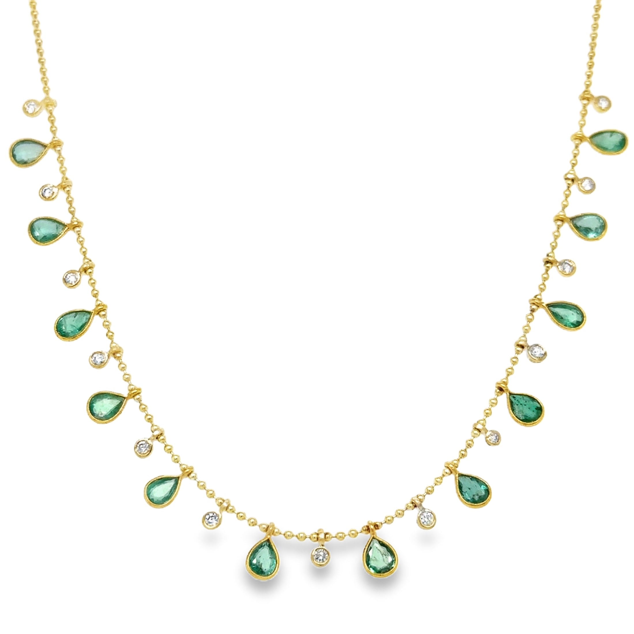 14K Yellow Gold Pear Shape Emerald & Diamond Dangling Necklace 4.26 TCW