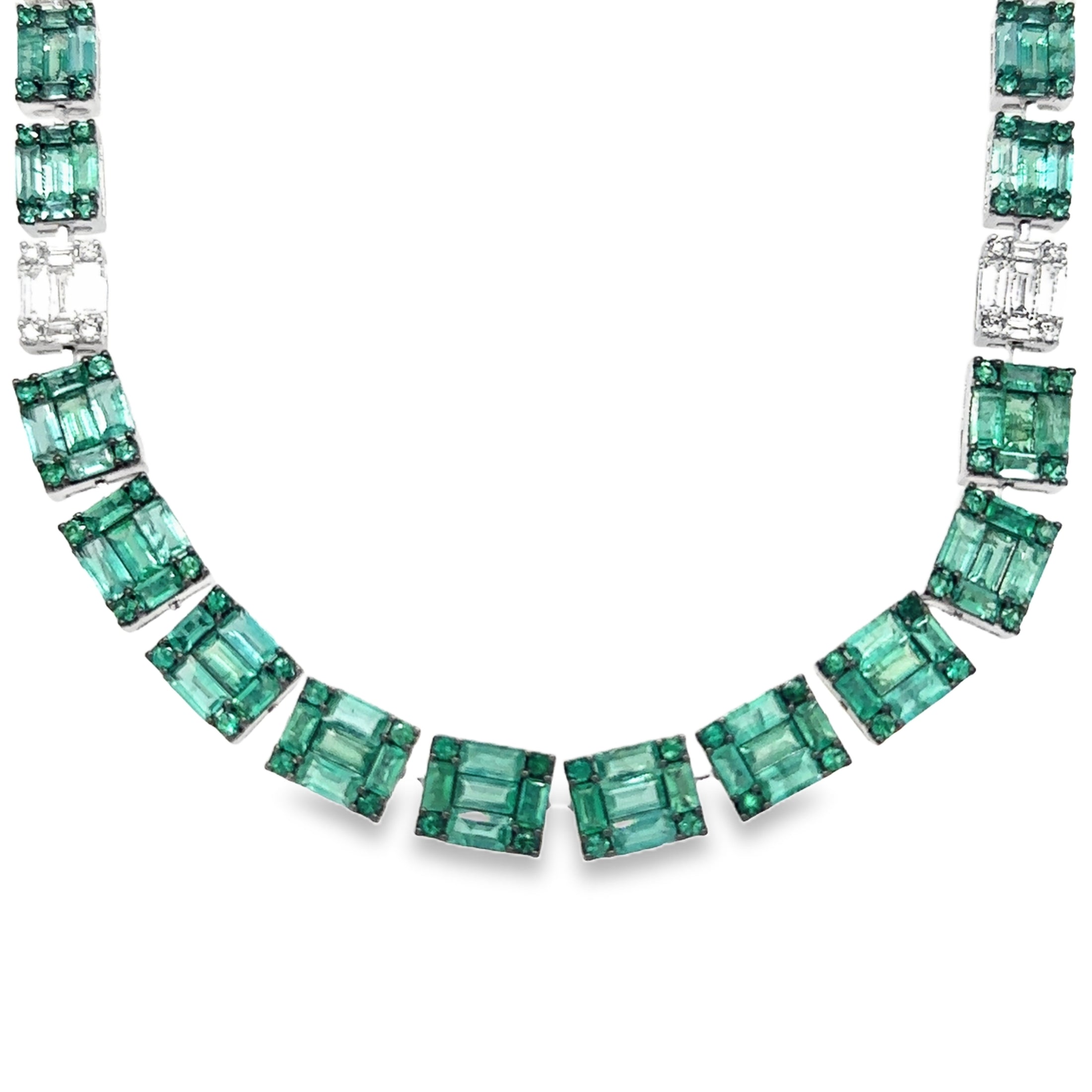 18K White Gold Emerald & Diamond Necklace 22.04 TCW