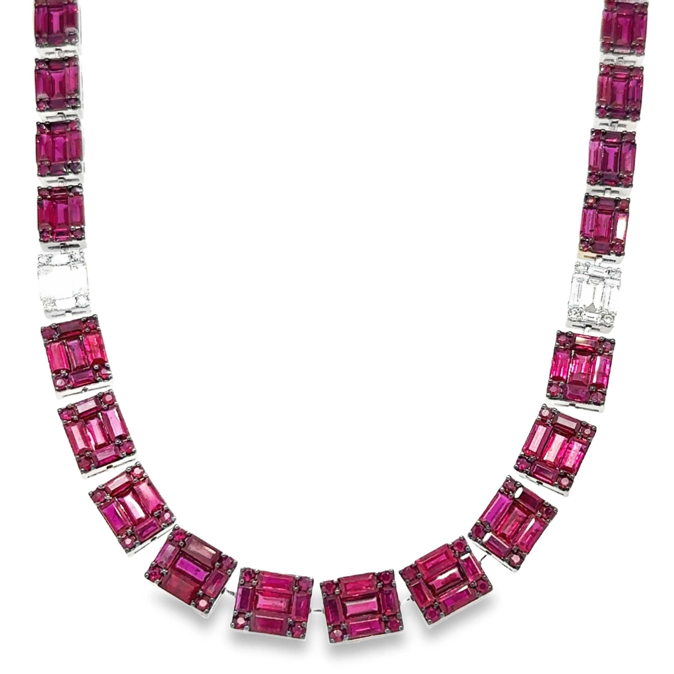 18K White Gold Ruby & Diamond Necklace 28.07 TCW