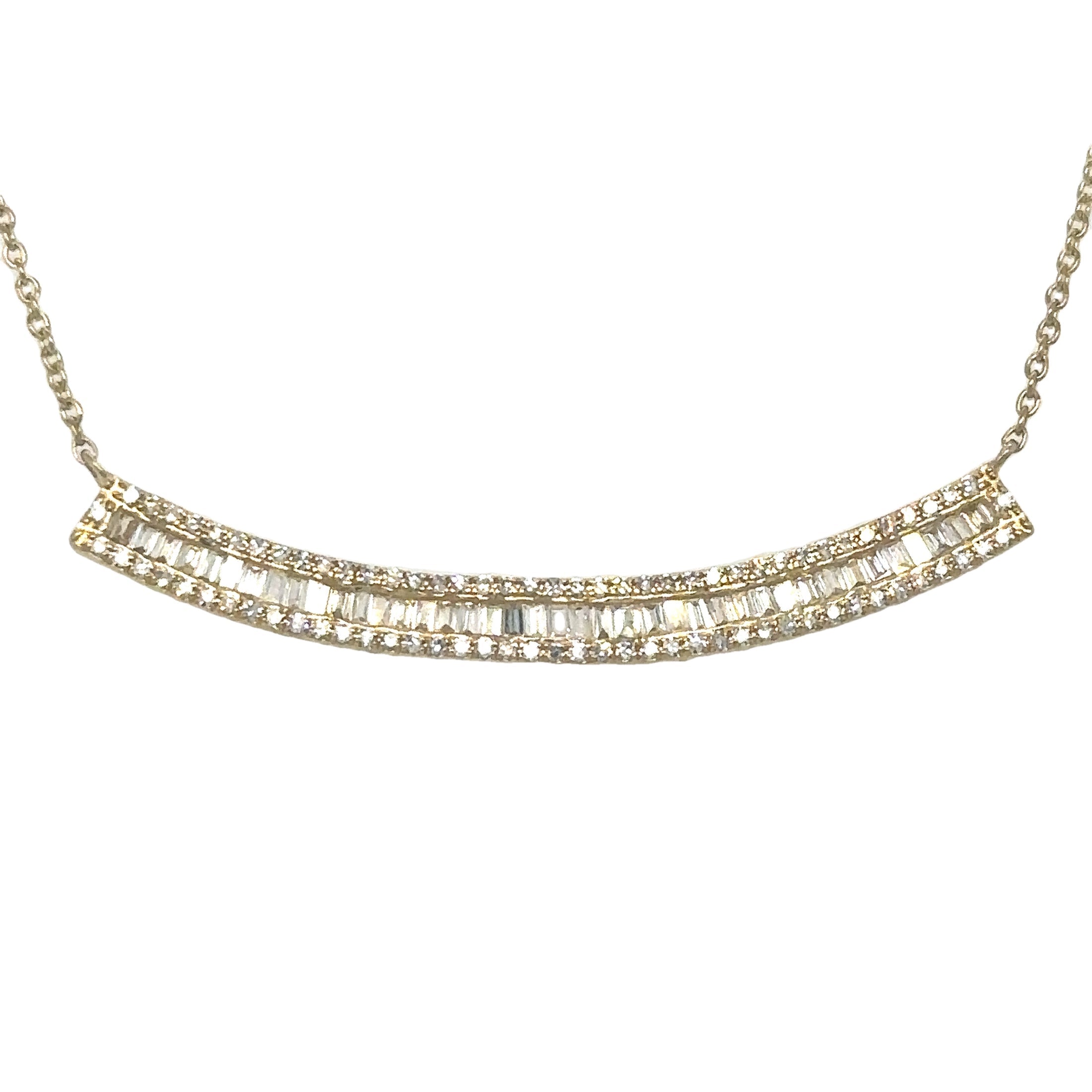 14K Yellow Gold Baguette Diamond Curved Bar Necklace 0.36 TCW