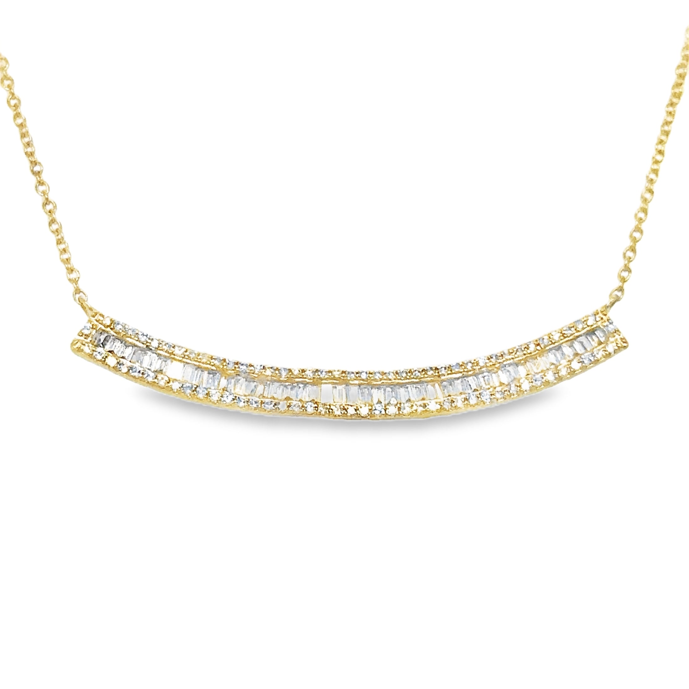 14K Yellow Gold Baguette Diamond Curved Bar Necklace 0.36 TCW