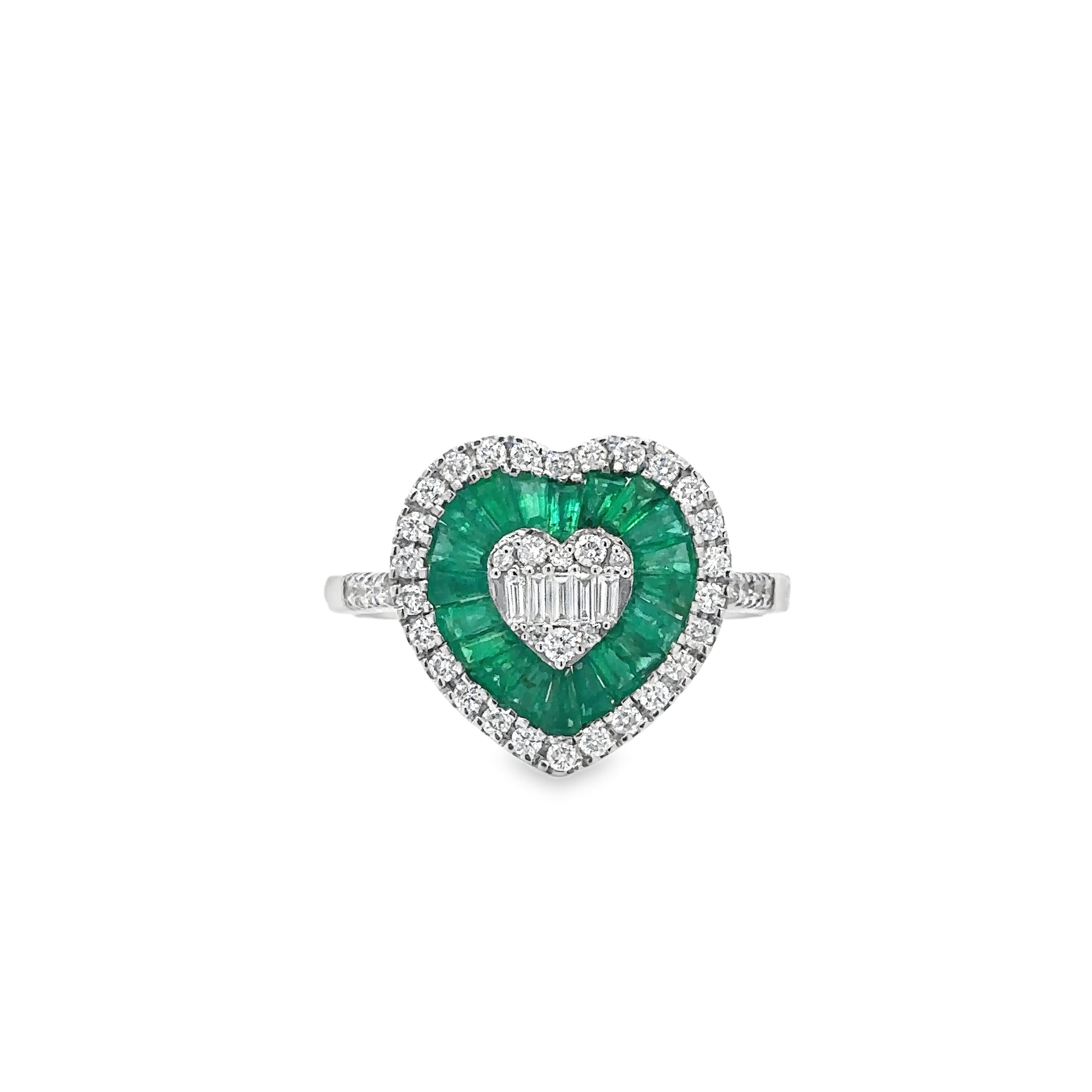 14K White Gold Emerald & Diamonds Heart Ring 1.11 TCW