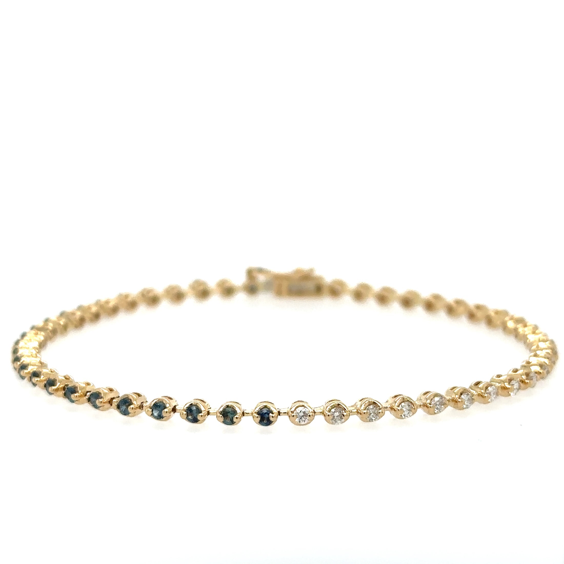 14K Yellow Gold Diamonds Blue Sapphire Tennis Bracelet 1.31 TCW