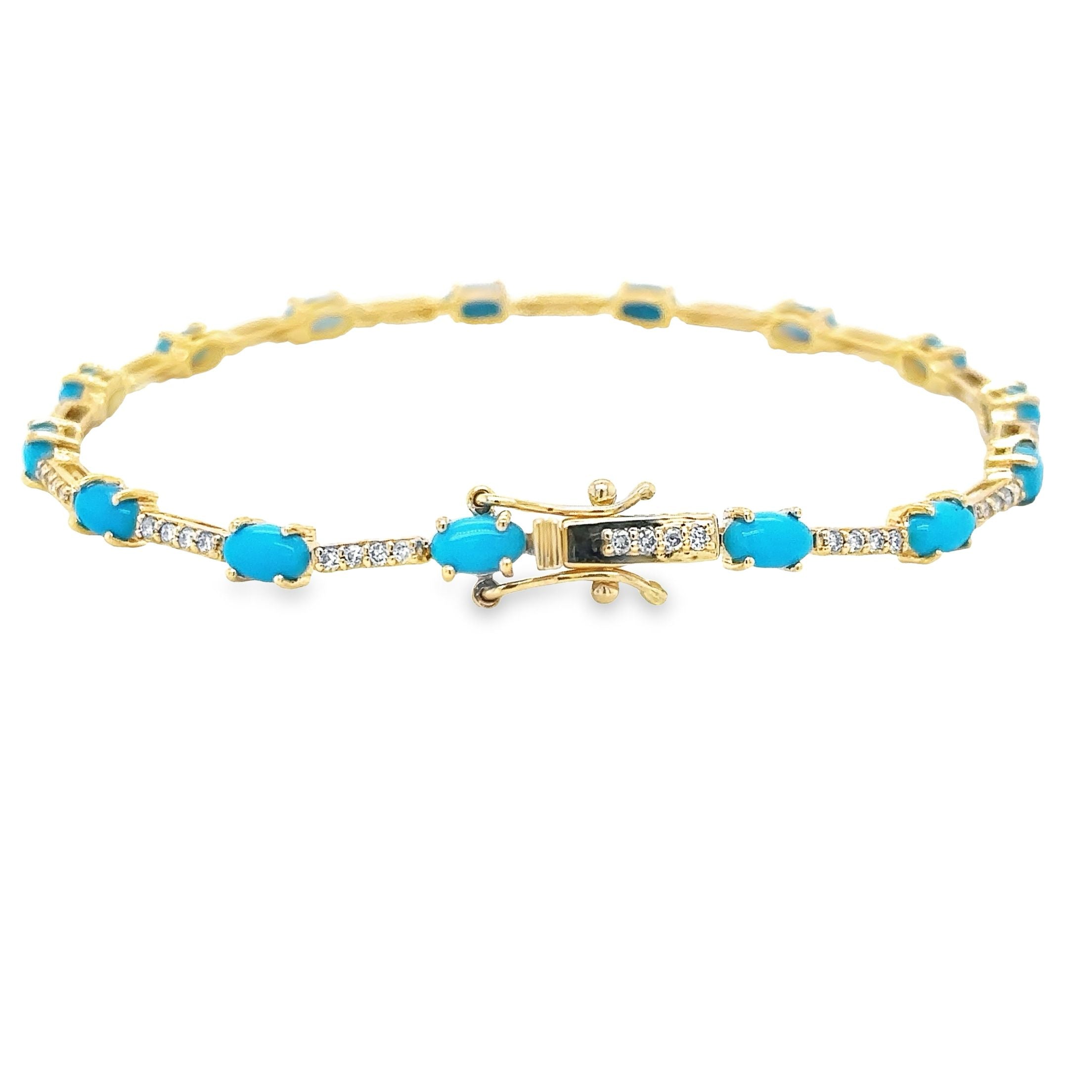 14K Yellow Gold Turquoise & Diamonds Bracelet 3.28 TCW
