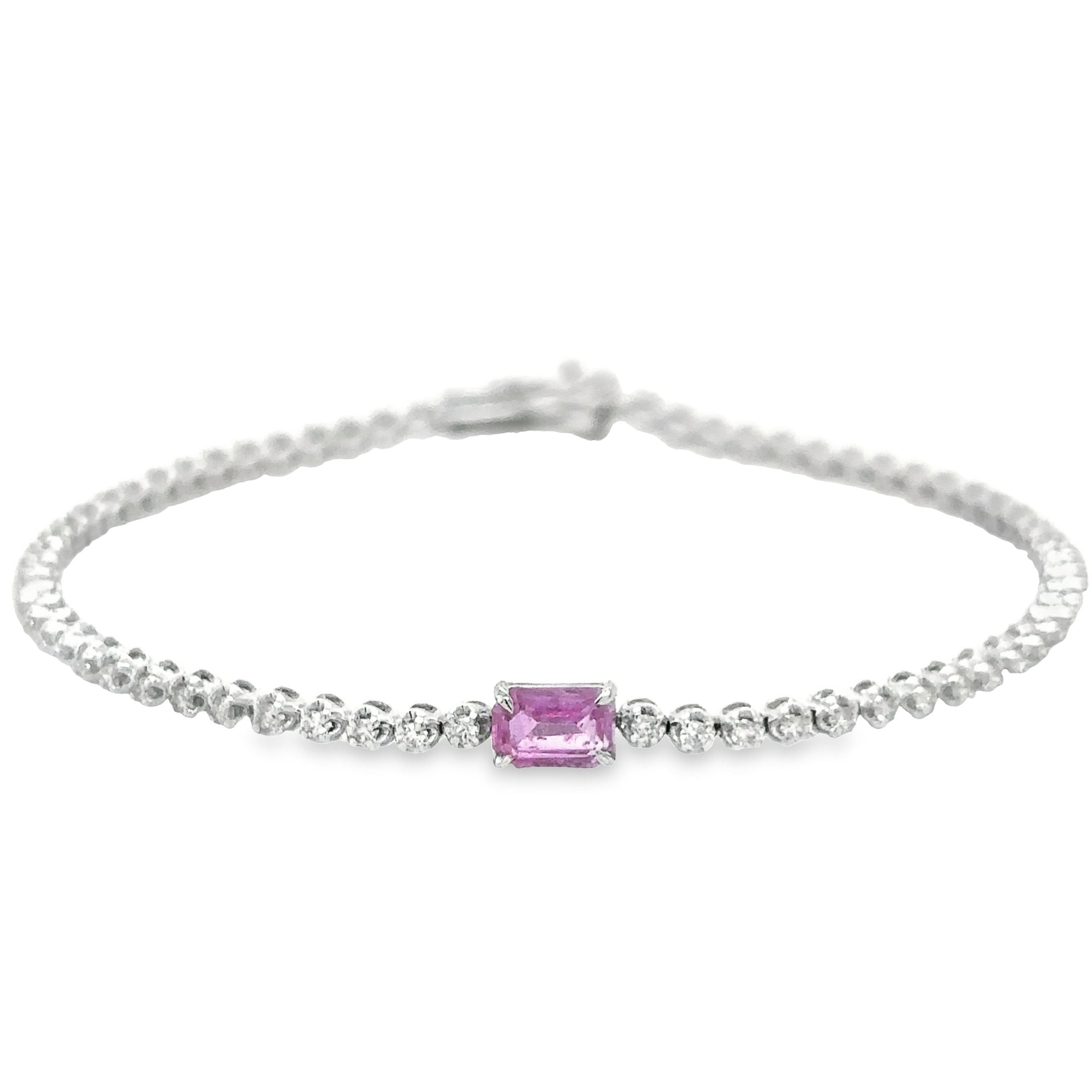 14K White Gold Pink Sapphire Oct With Diamond Tennis Bracelet 1.47 TCW