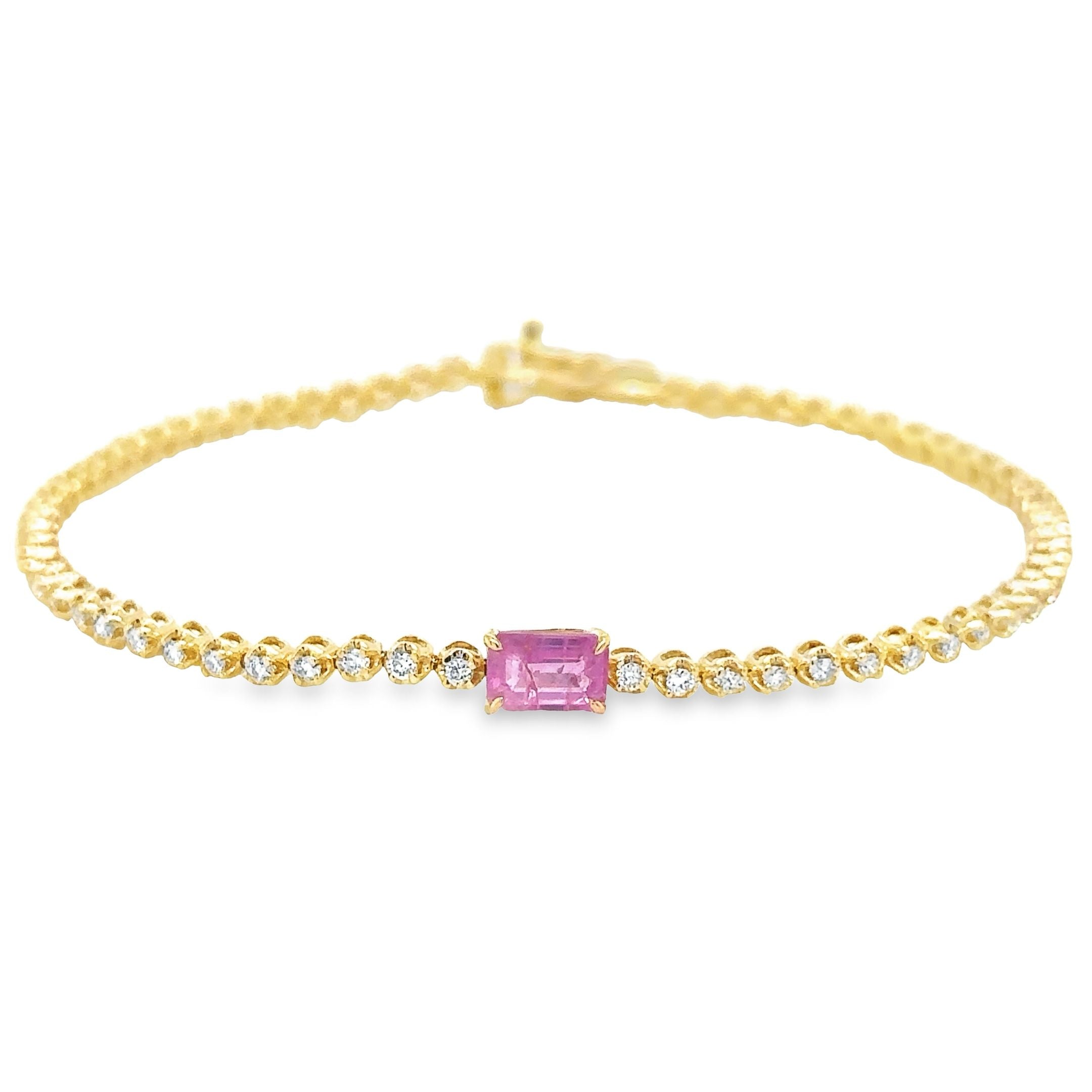 14K Yellow Gold Pink Sapphire Oct With Diamond Tennis Bracelet 1.42 TCW