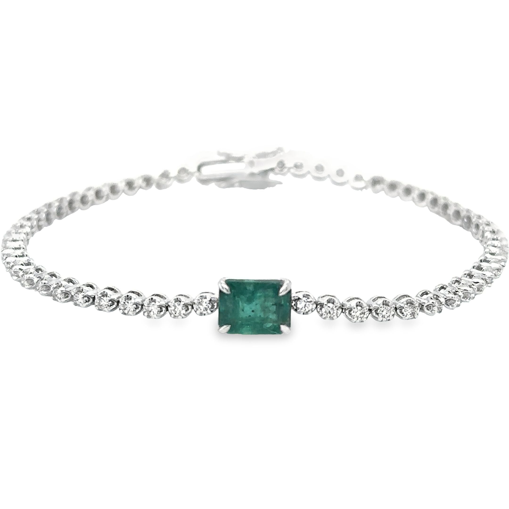 14K White Gold Emerald Oct With Diamond Tennis Bracelet 2.39 TCW