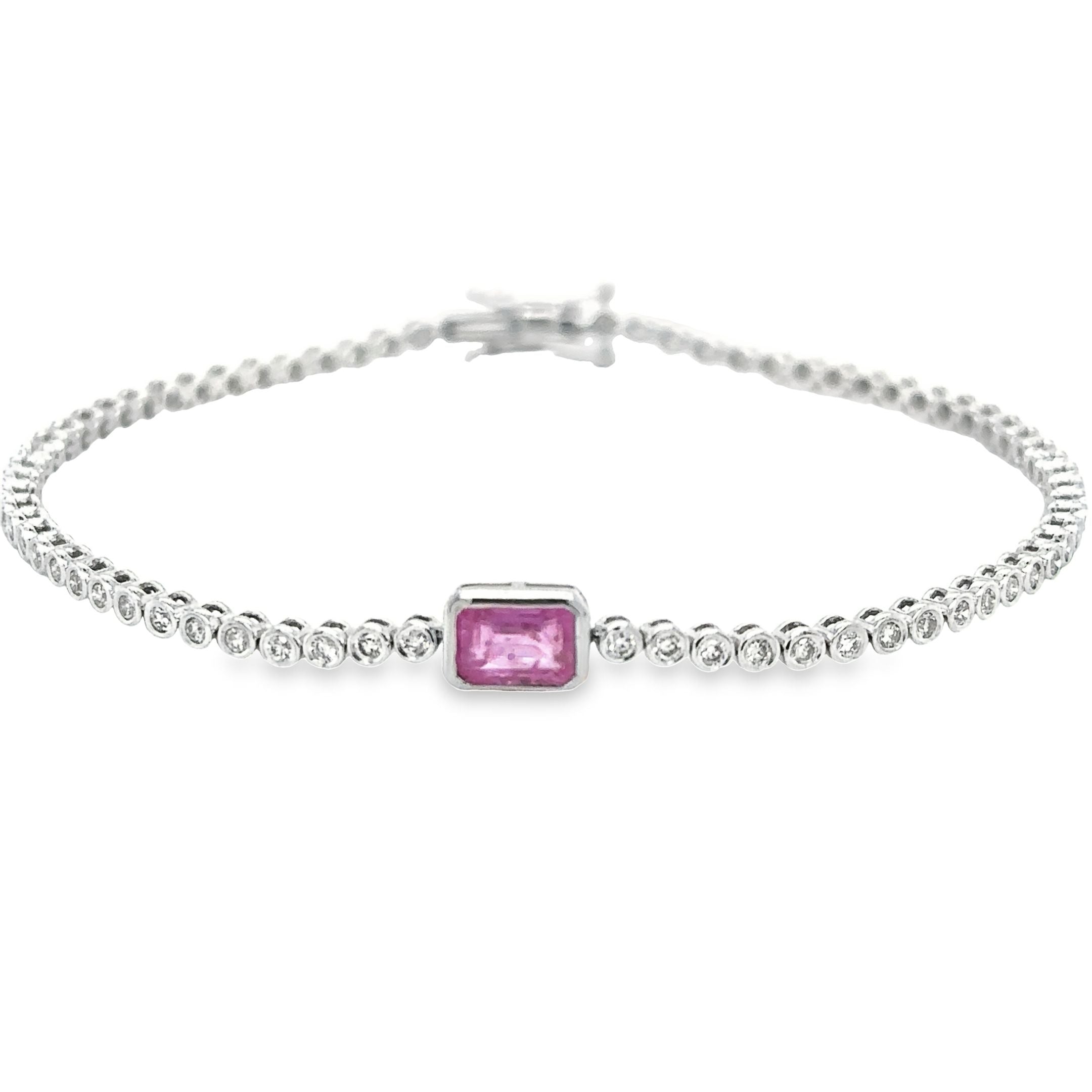 14K White Gold Pink Sapphire Oct With Diamond Tennis Bracelet 1.53 TCW
