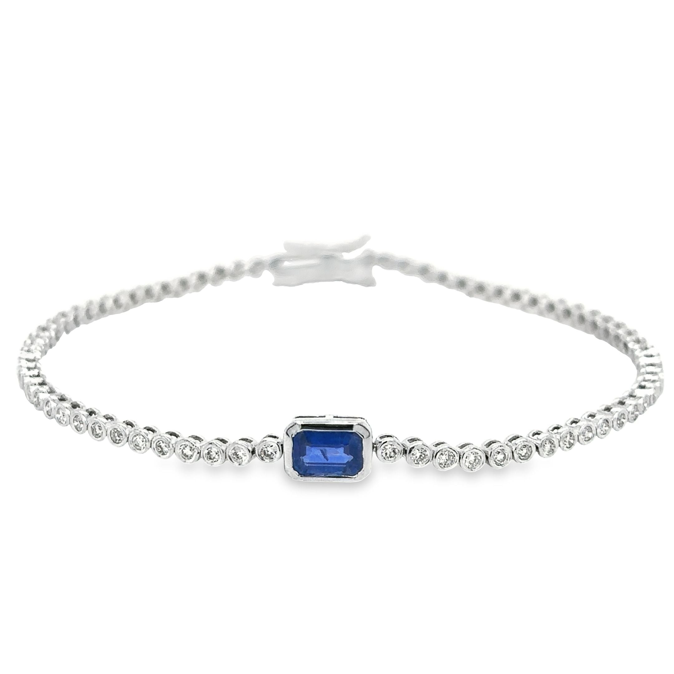 14K White Gold Sapphire Oct With Diamond Tennis Bracelet 1.43 TCW