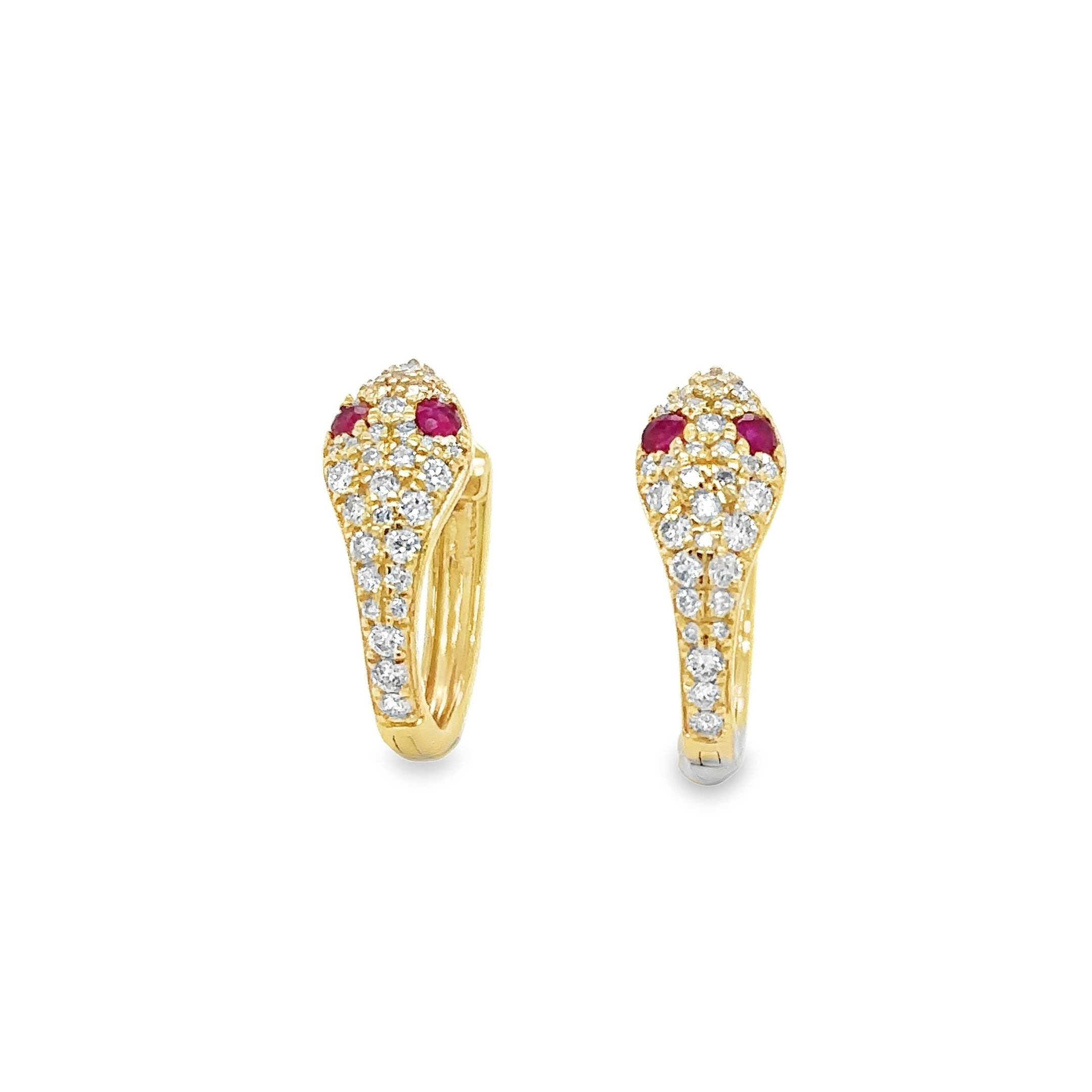 14K Yellow Gold Ruby & Diamonds Snake Huggies 0.63 TCW
