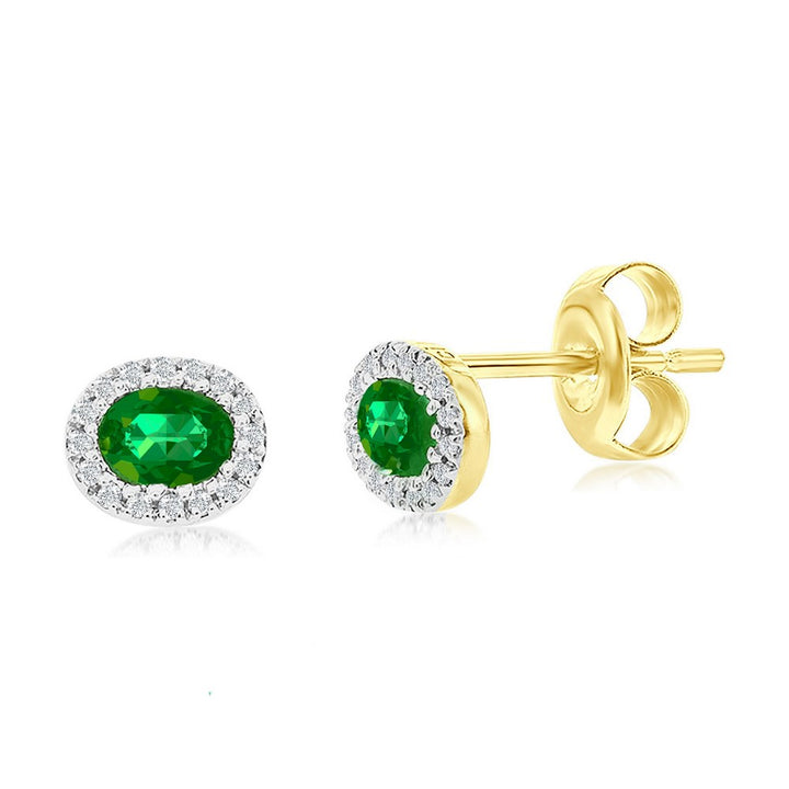 Diamond & Emerald Halo Stud Earring In 14k Yellow & Gold