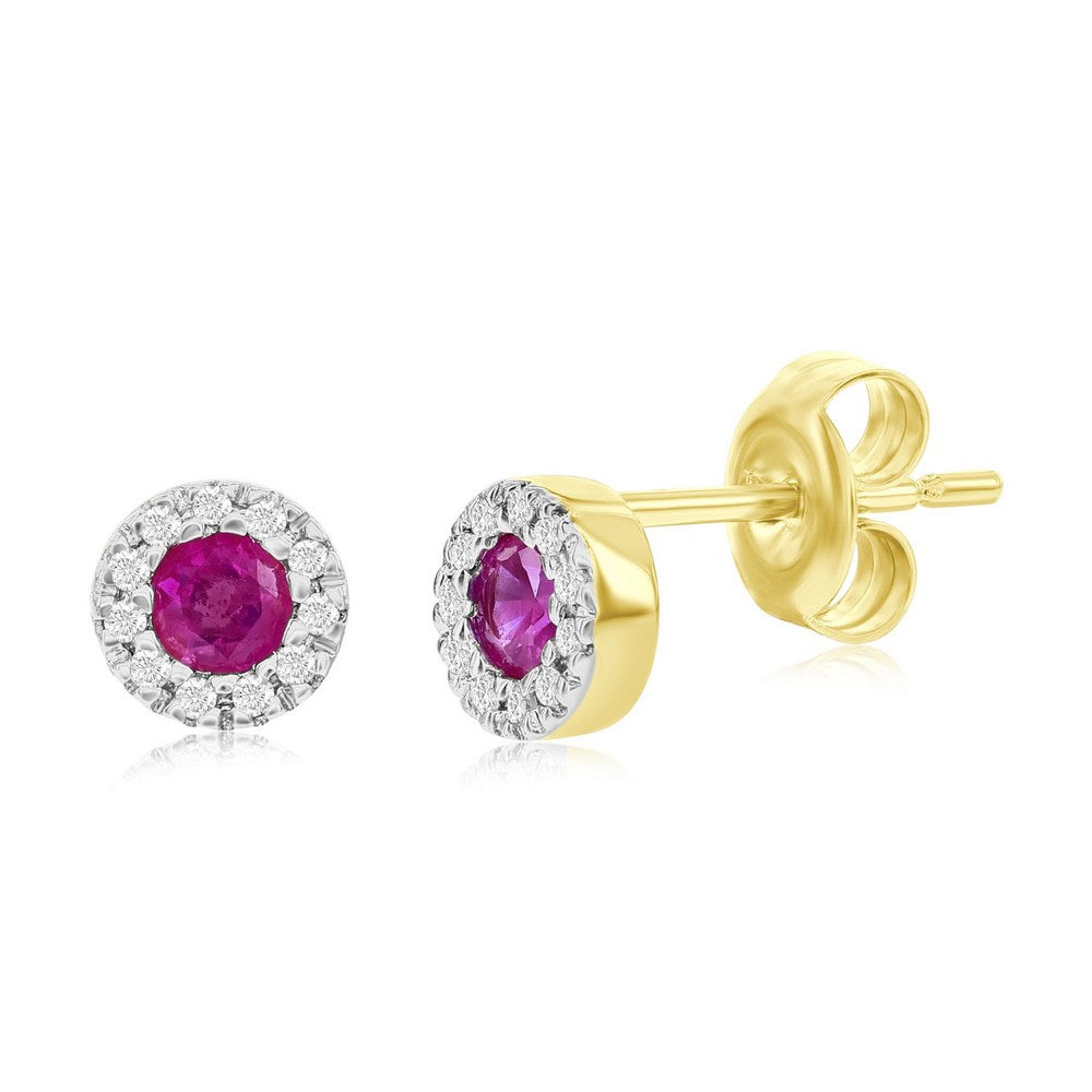 Diamond & Ruby Halo Stud Earring In 14k Yellow & Gold