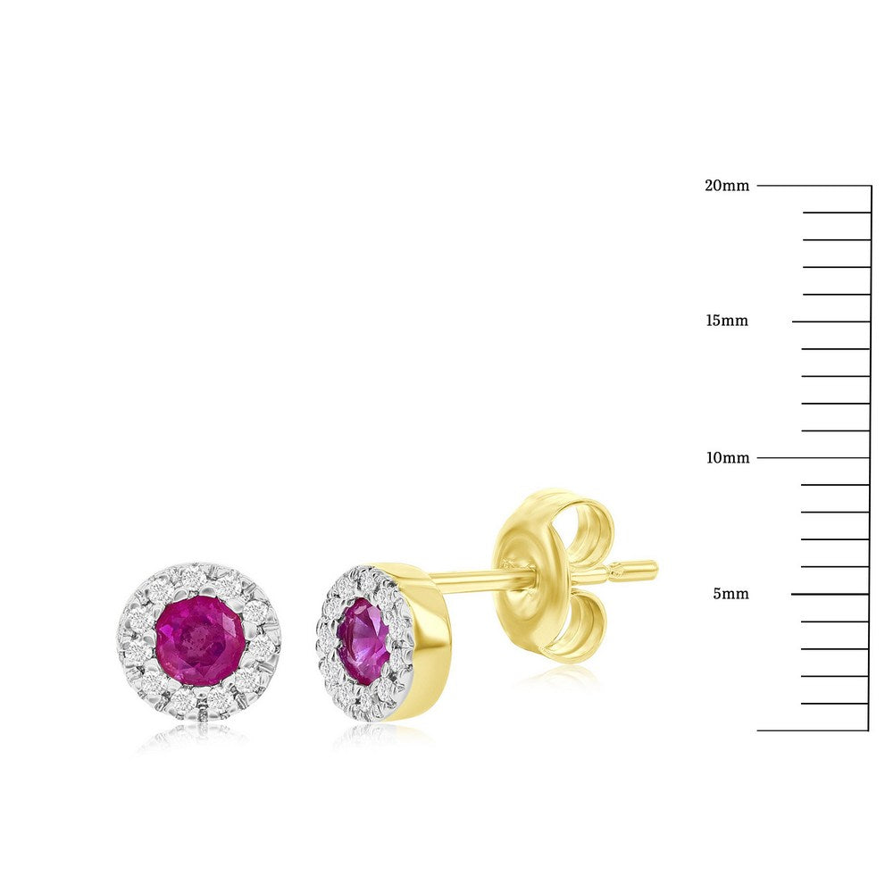 Diamond & Ruby Halo Stud Earring In 14k Yellow & Gold