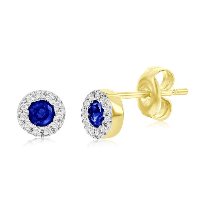 Diamond & Sapphire Halo Stud Earring In 14k Yellow & Gold