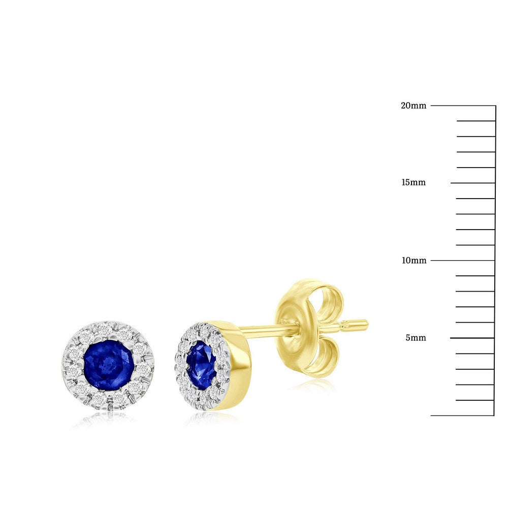 Diamond & Sapphire Halo Stud Earring In 14k Yellow & Gold