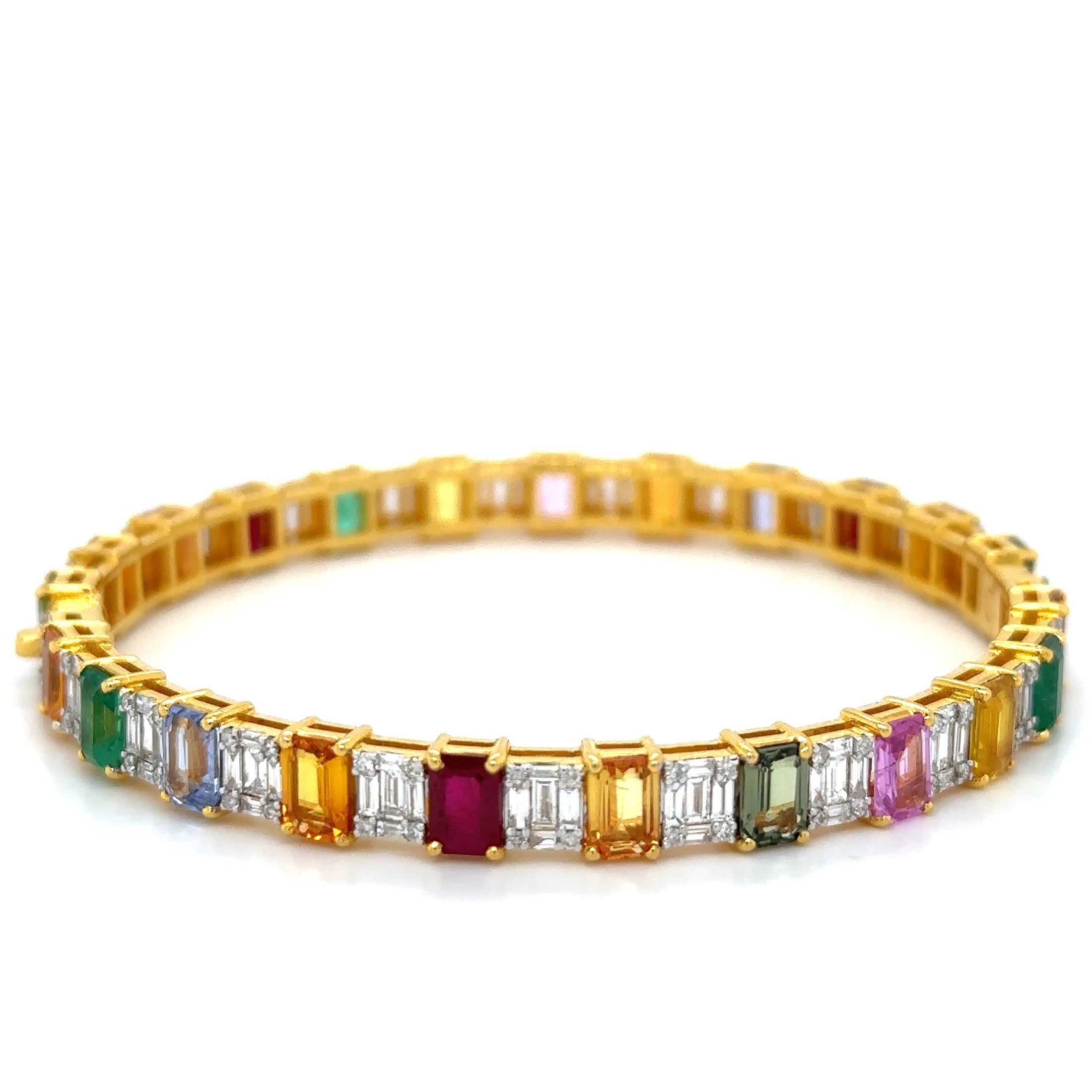 18K Yellow Gold Emerald, Ruby, Multi Sapphire & Diamonds Bangle 16.13 TCW