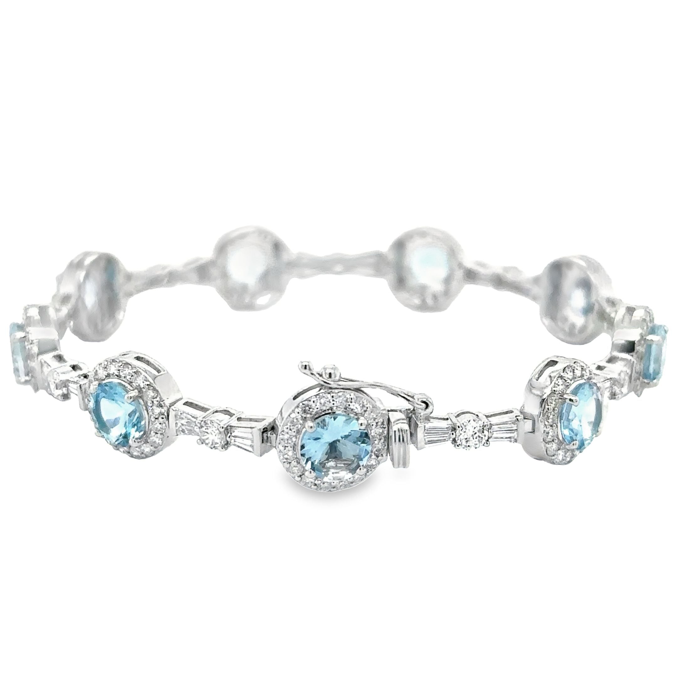 14K White Gold Aquamarine & Diamonds Tennis Bracelet 10.56 TCW