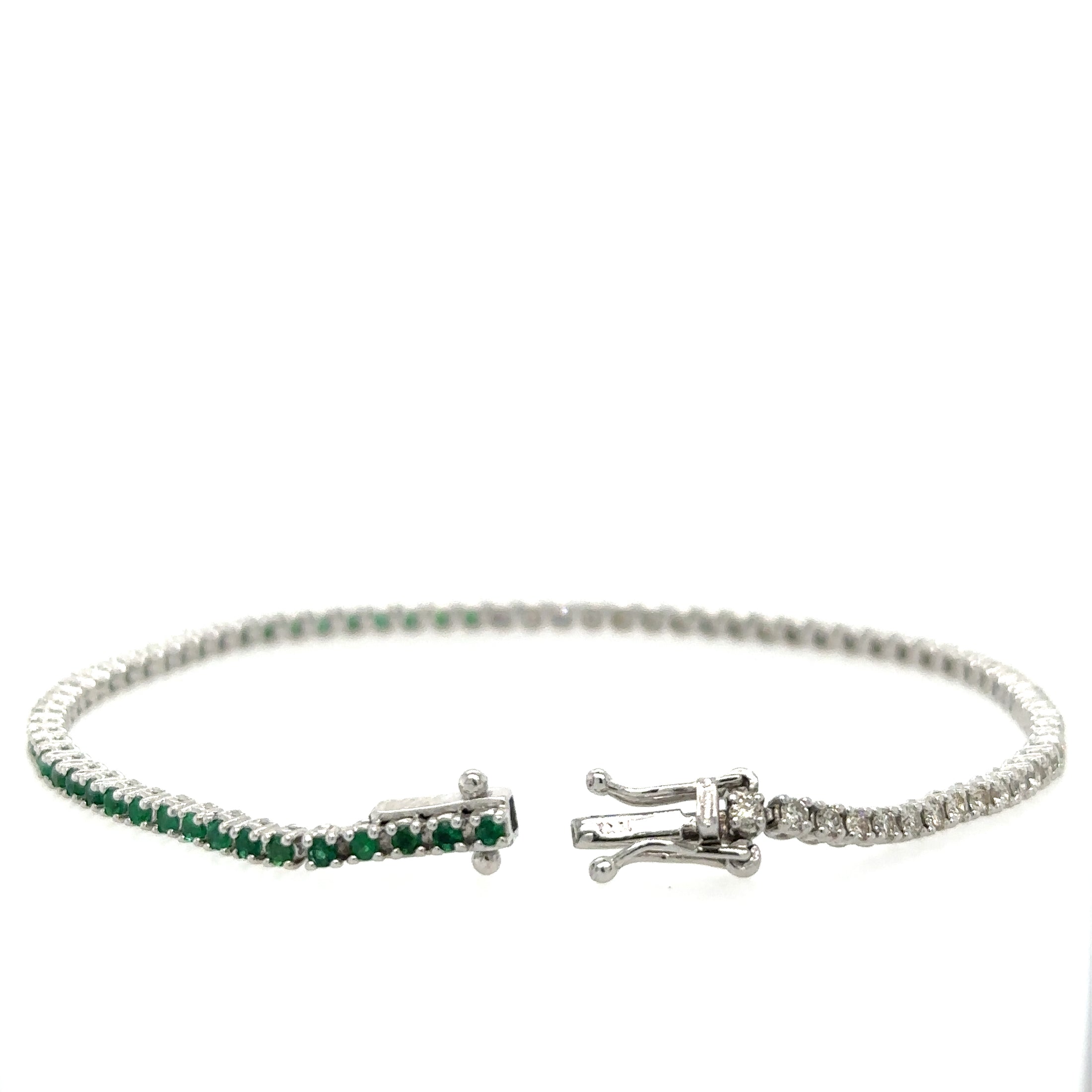 14K White Gold Diamonds Emerald Tennis Bracelet  1.54 TCW