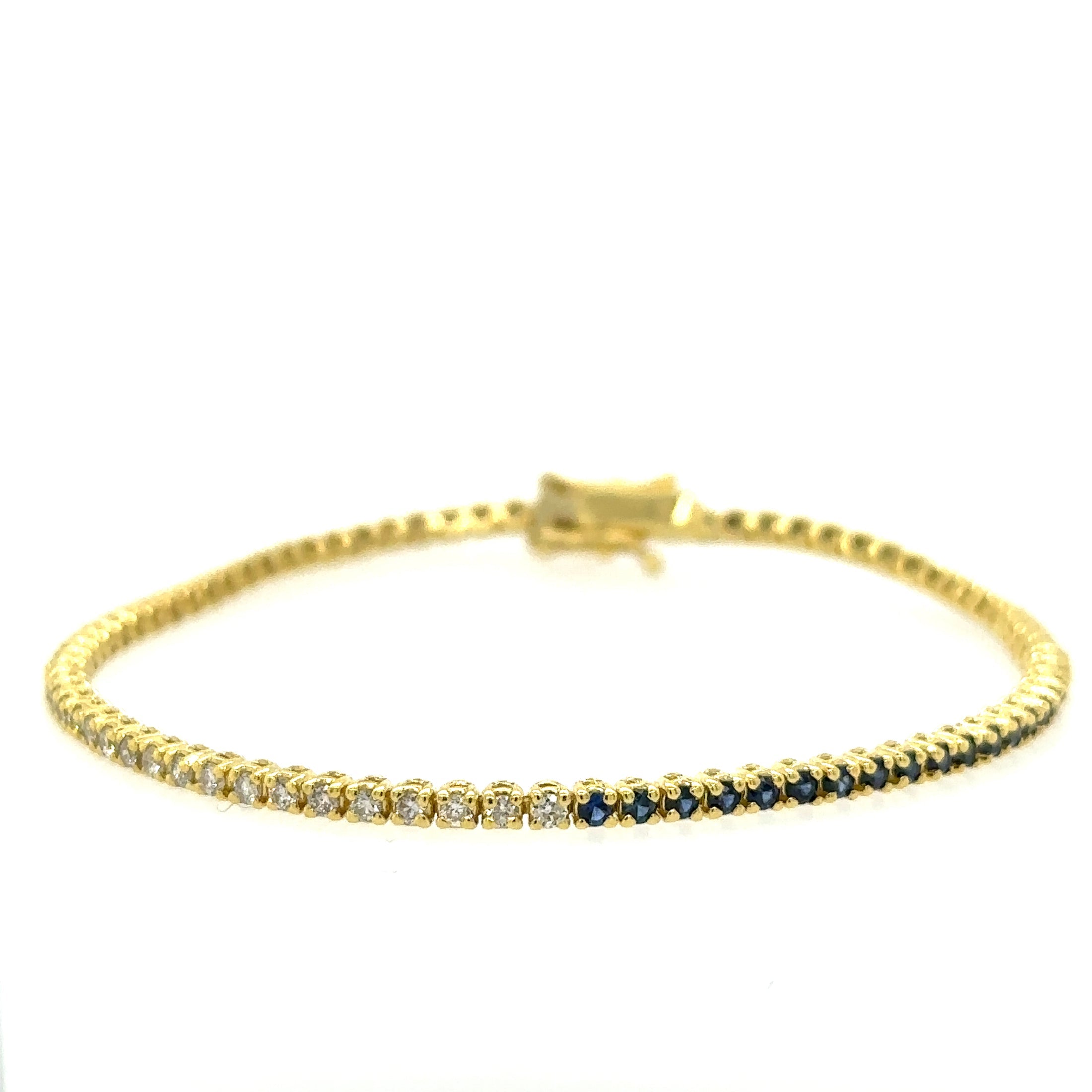 14K Yellow Gold Diamonds Blue Sapphire Tennis Bracelet  1.99 TCW