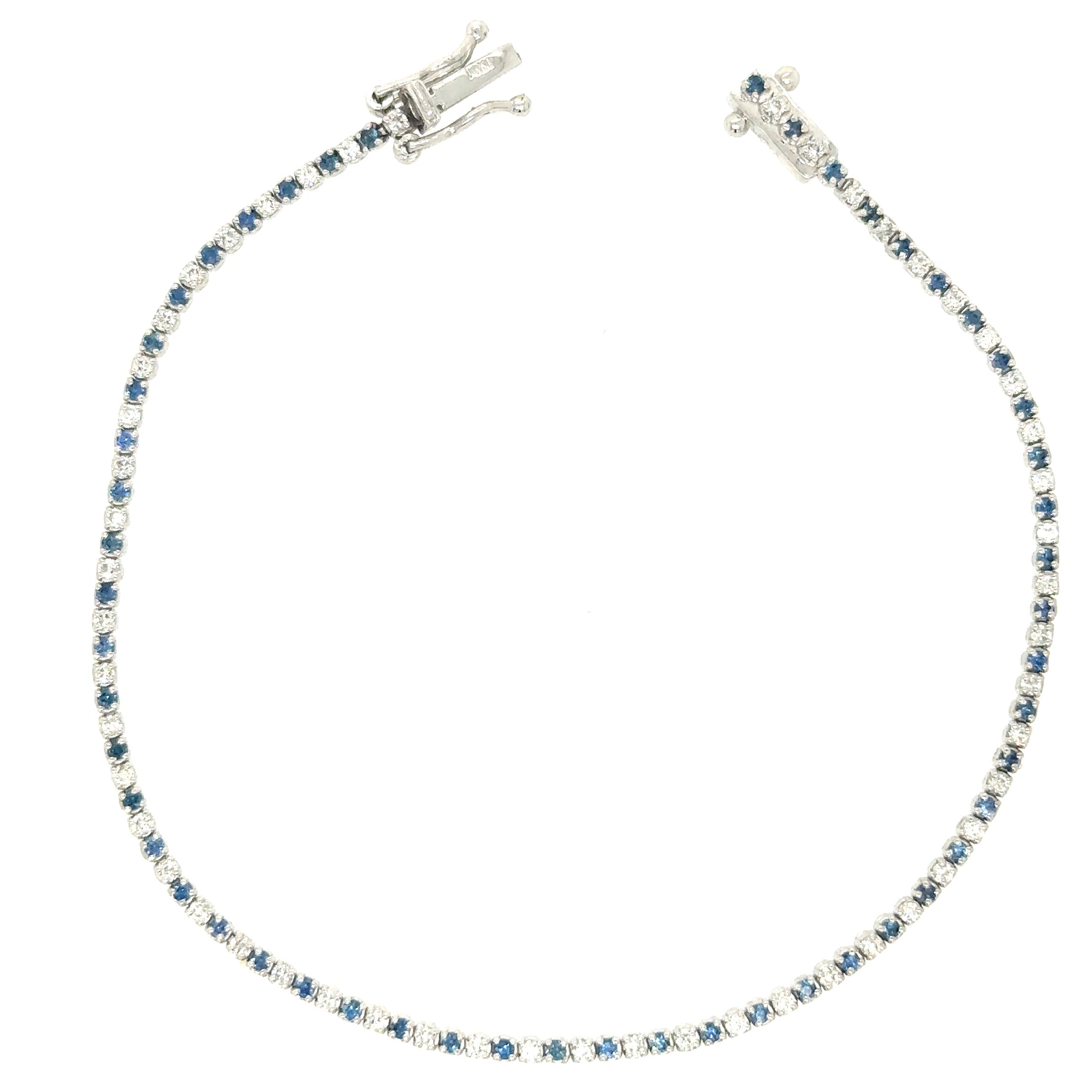 14K White Gold Diamonds Blue Sapphire Tennis Bracelet  1.19 TCW