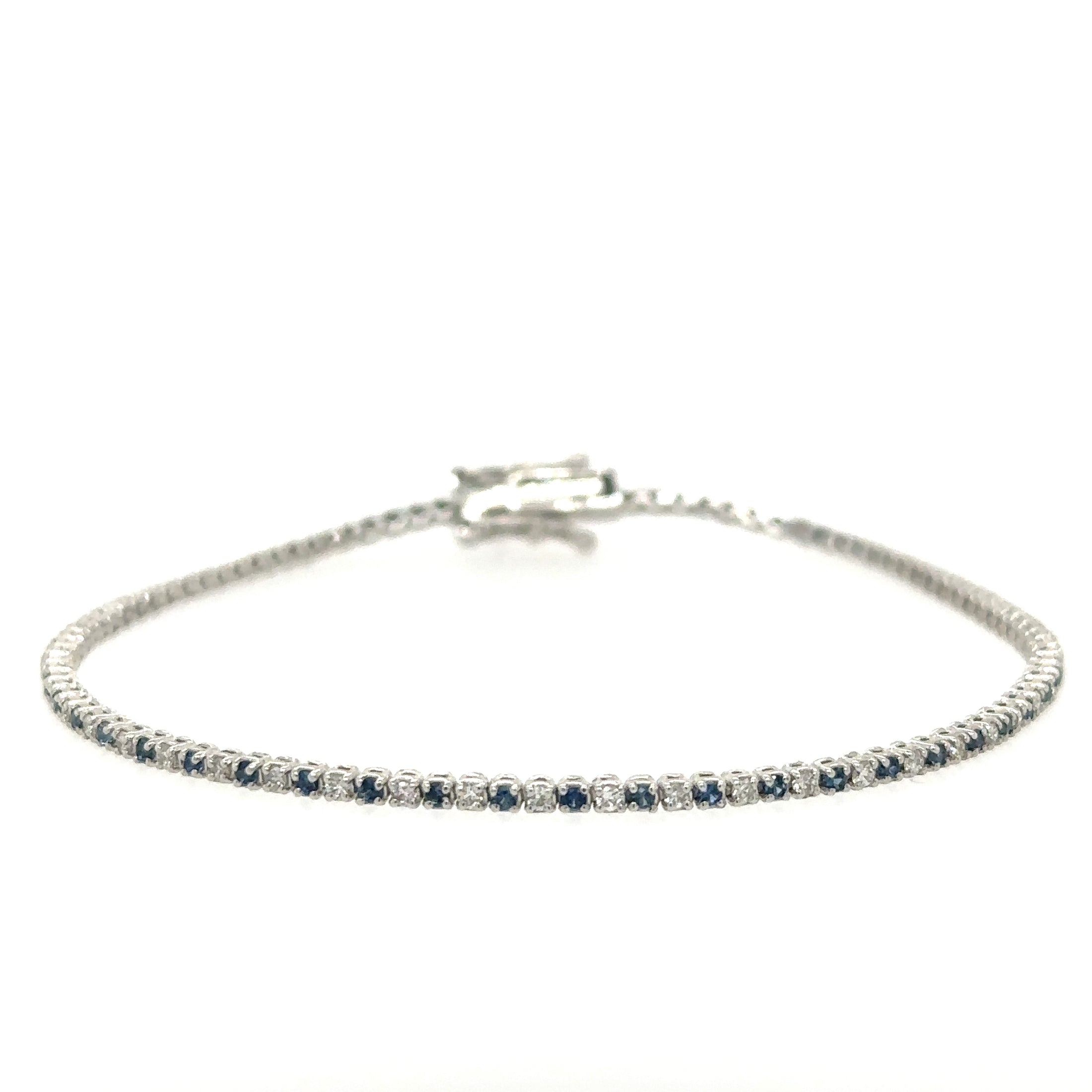 14K White Gold Diamonds Blue Sapphire Tennis Bracelet  1.19 TCW