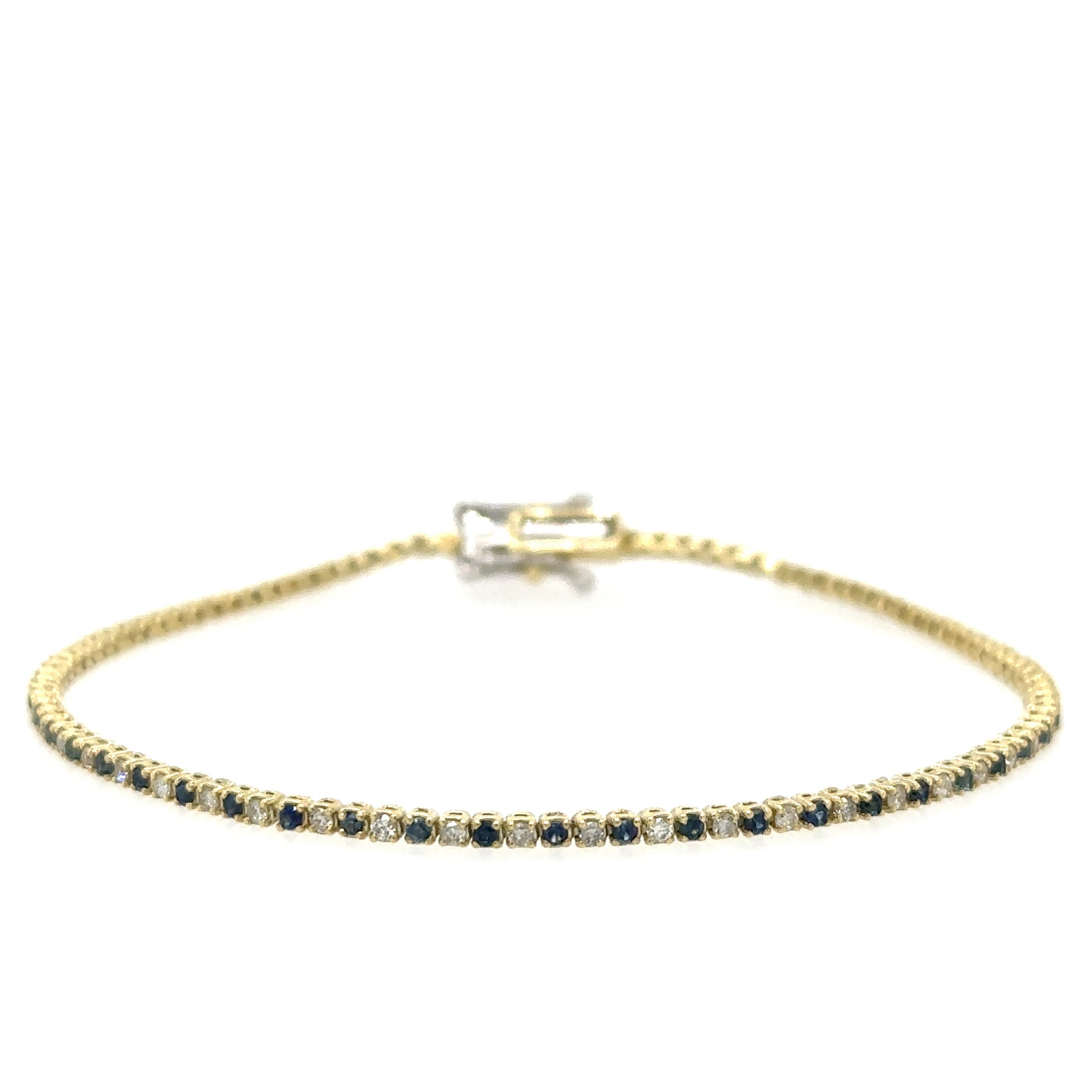 14K Yellow Gold Diamonds Blue Sapphire Tennis Bracelet  1.20 TCW