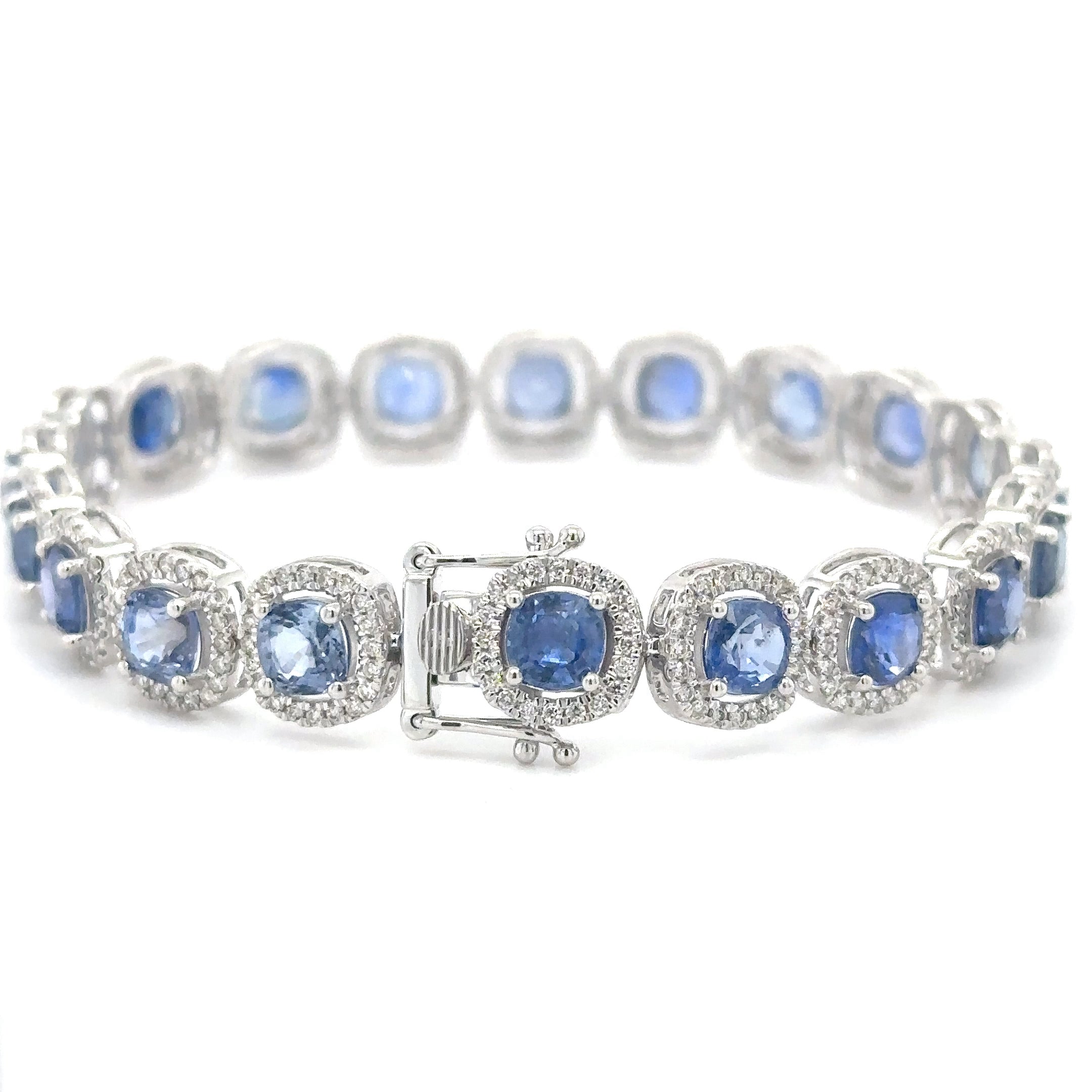 14K White Gold Diamond Blue Sapphire Cushion Shape Bracelet  17.36 TCW