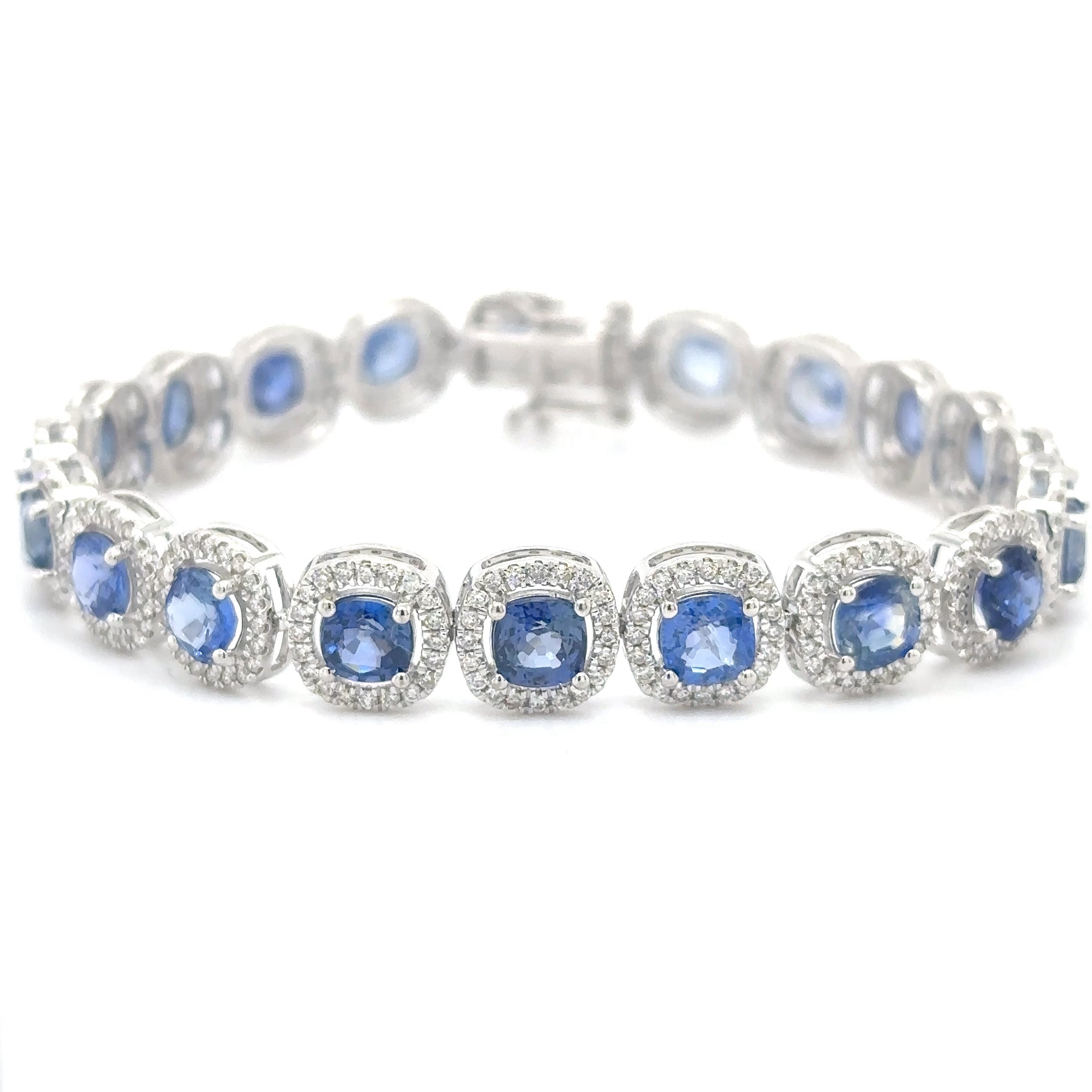 14K White Gold Diamond Blue Sapphire Cushion Shape Bracelet  17.36 TCW