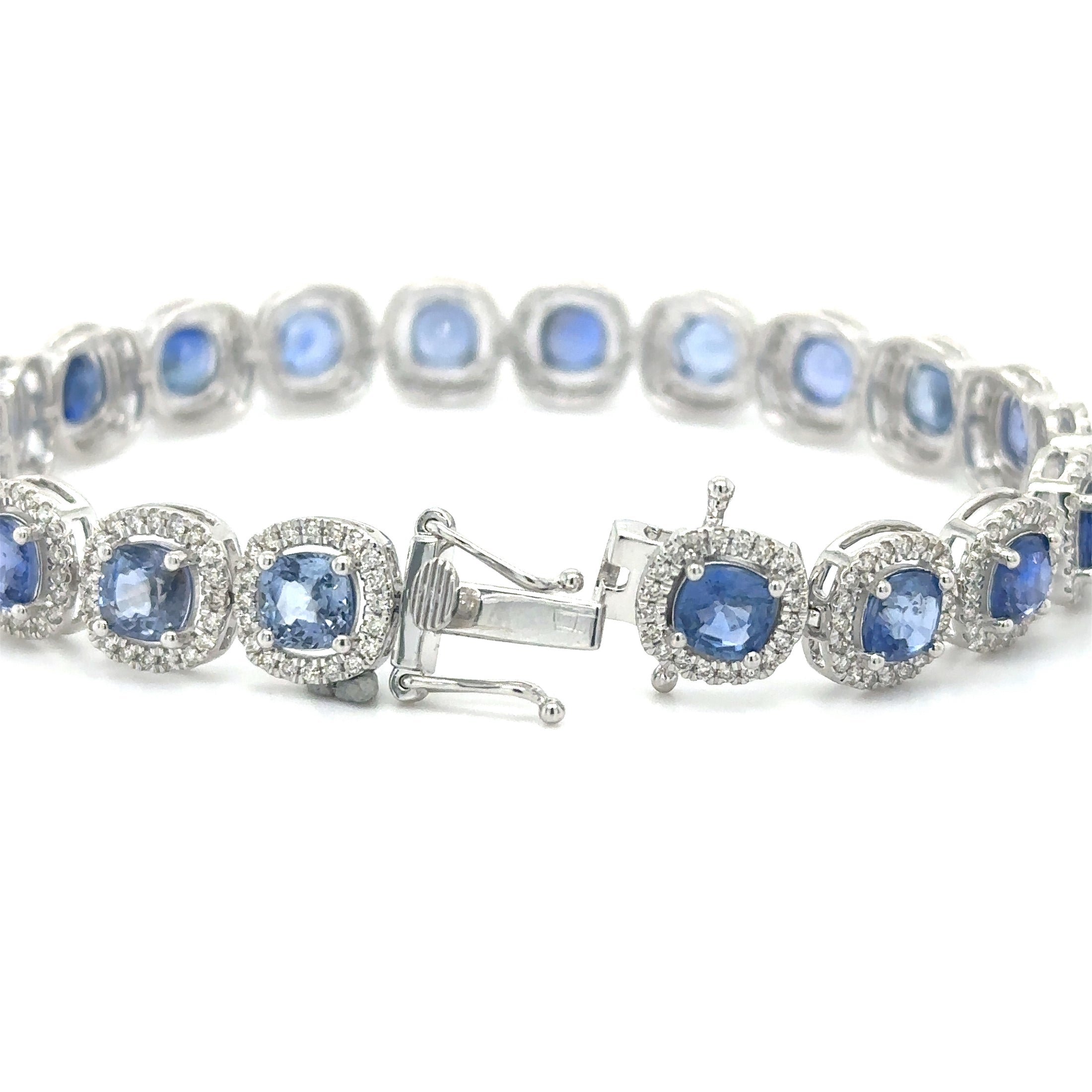 14K White Gold Diamond Blue Sapphire Cushion Shape Bracelet  17.36 TCW