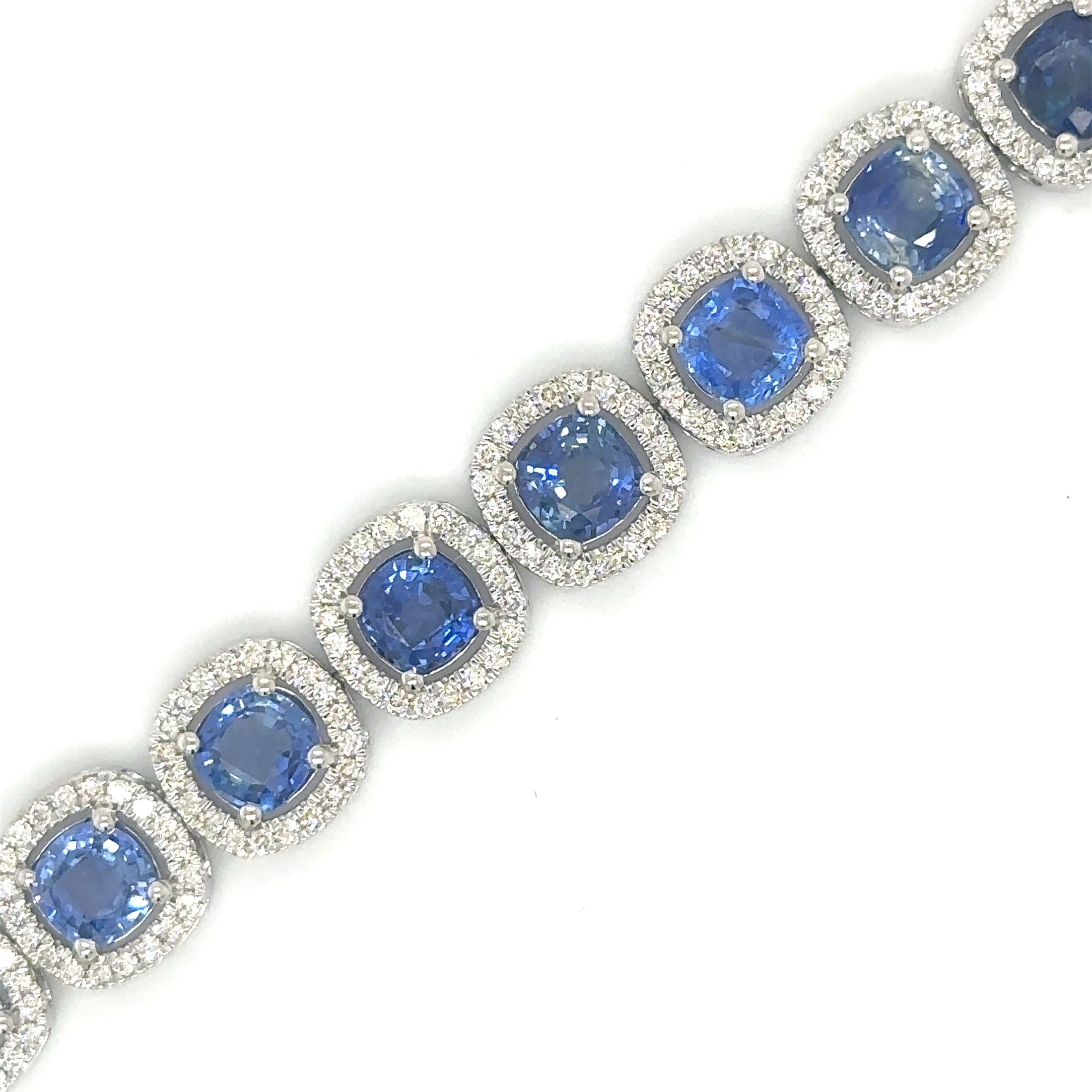 14K White Gold Diamond Blue Sapphire Cushion Shape Bracelet  17.36 TCW