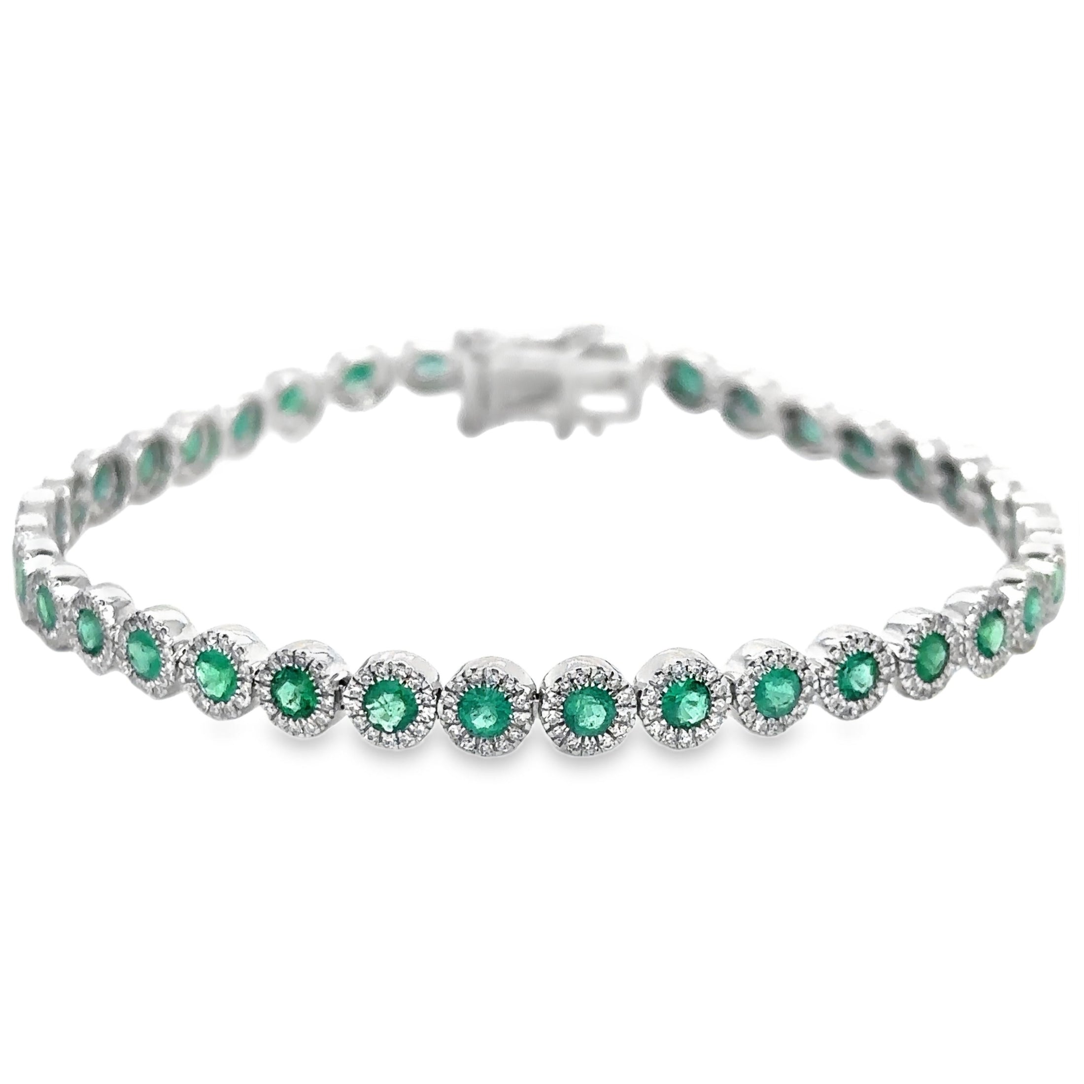 14K White Gold Emerald & Diamonds Tennis Bracelet  3.47 TCW