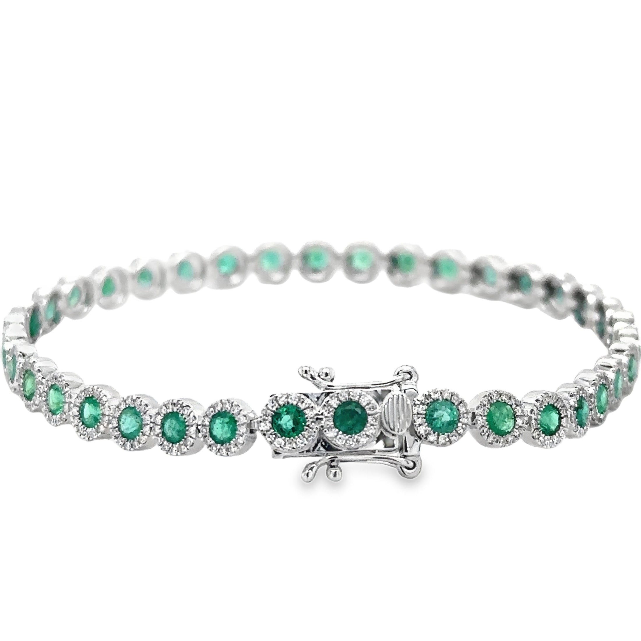 14K White Gold Emerald & Diamonds Tennis Bracelet  3.47 TCW