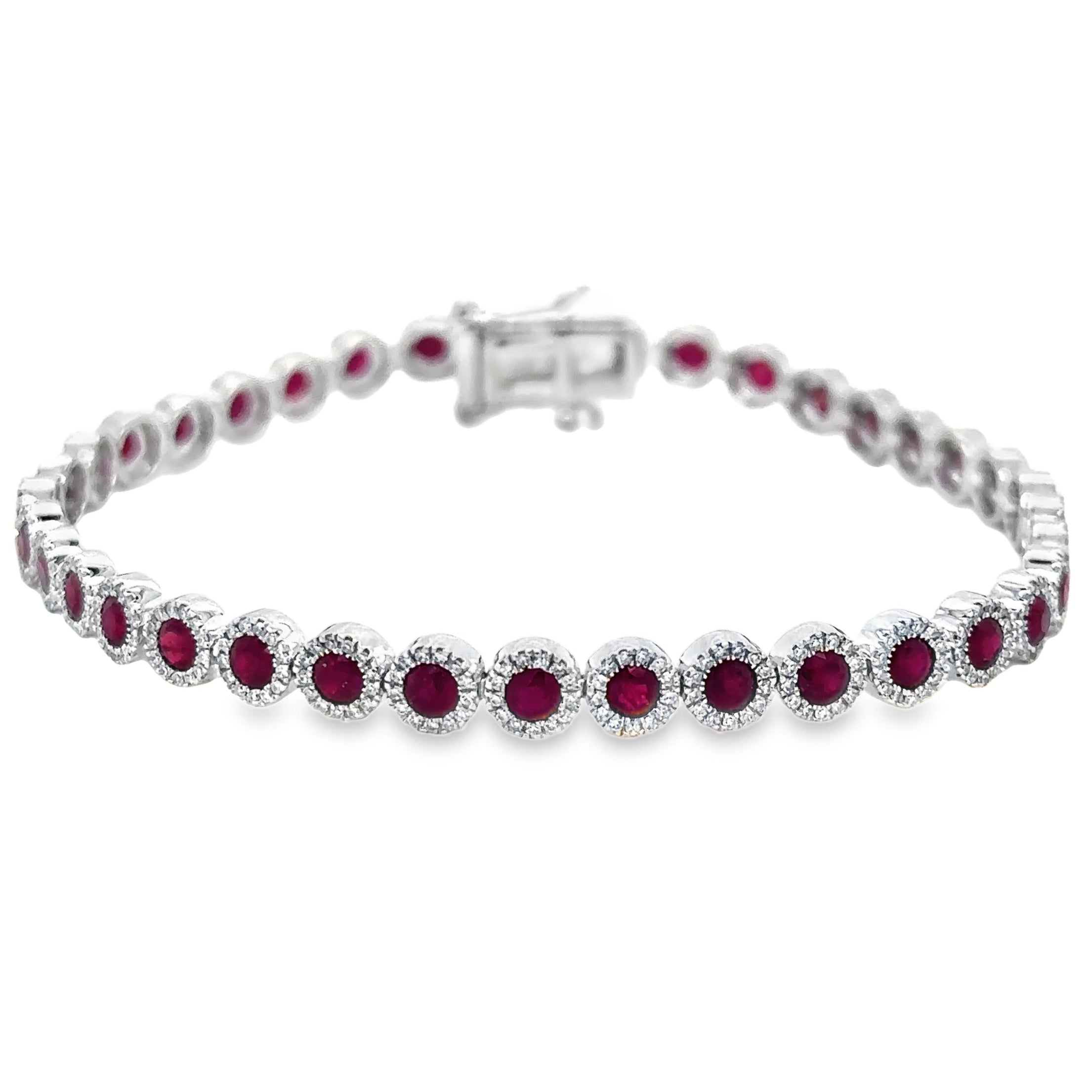 14K White Gold Ruby & Diamonds Tennis Bracelet  4.90 TCW