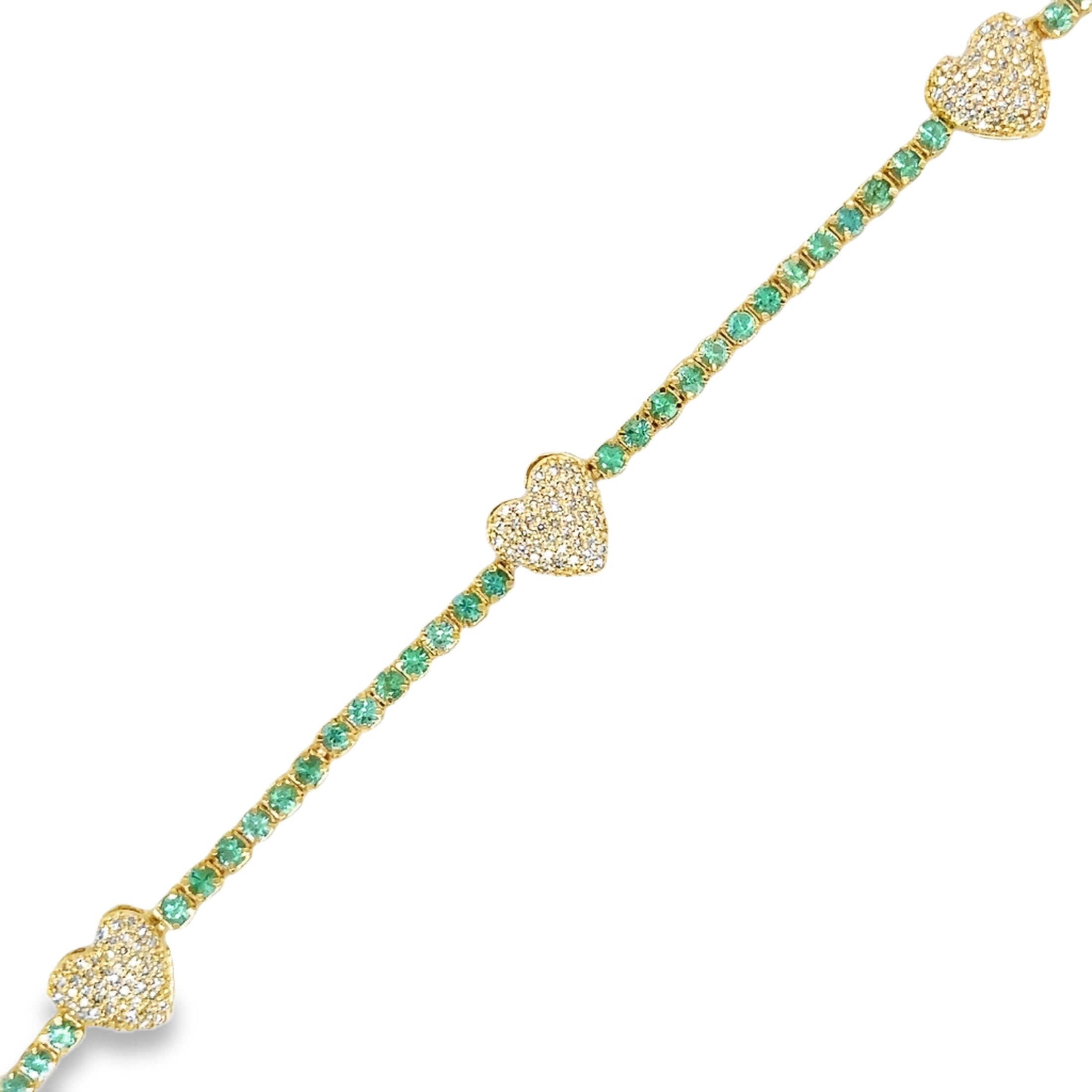 14K Yellow Gold Emerald & Diamonds Heart Tennis Bracelet  1.51 TCW