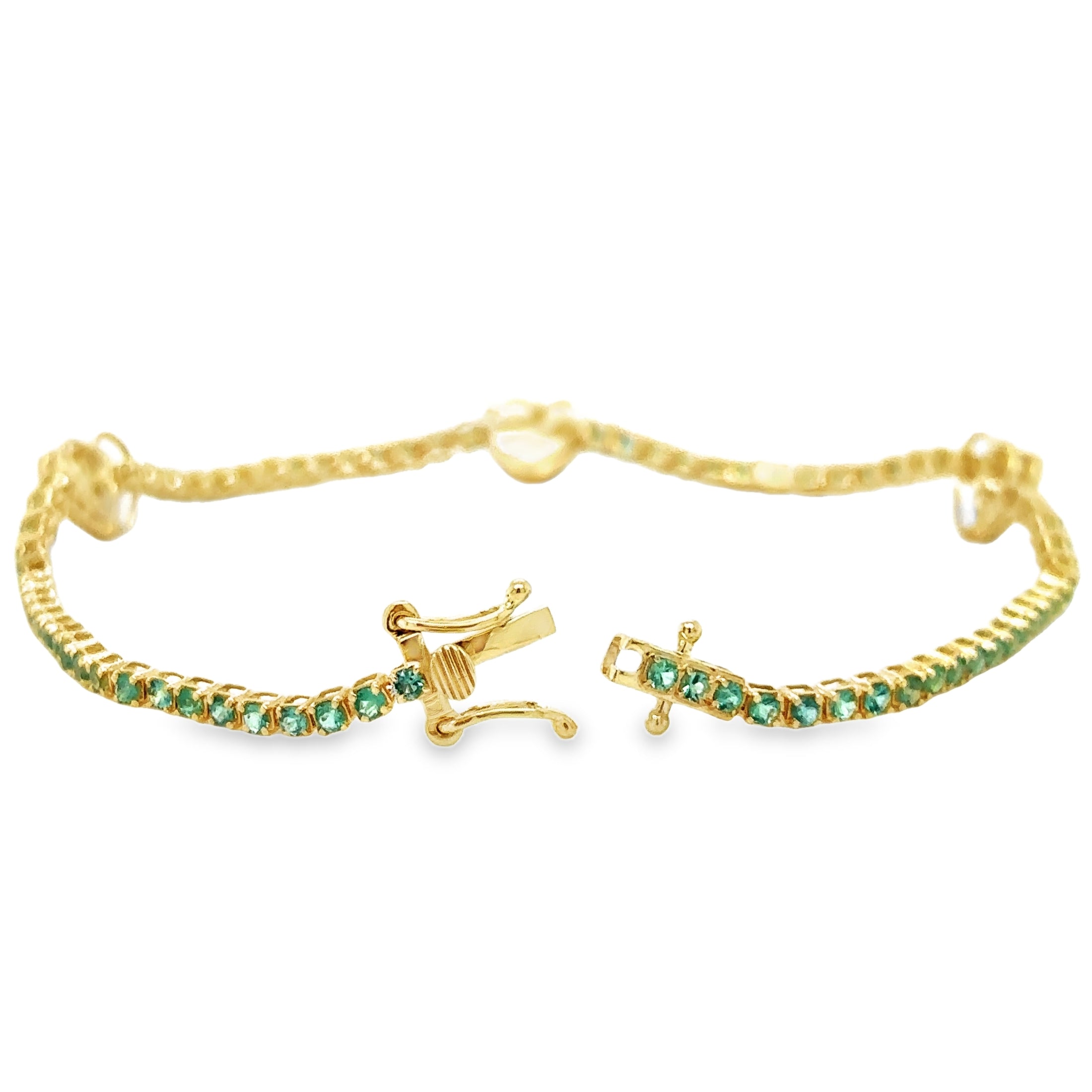 14K Yellow Gold Emerald & Diamonds Heart Tennis Bracelet  1.51 TCW