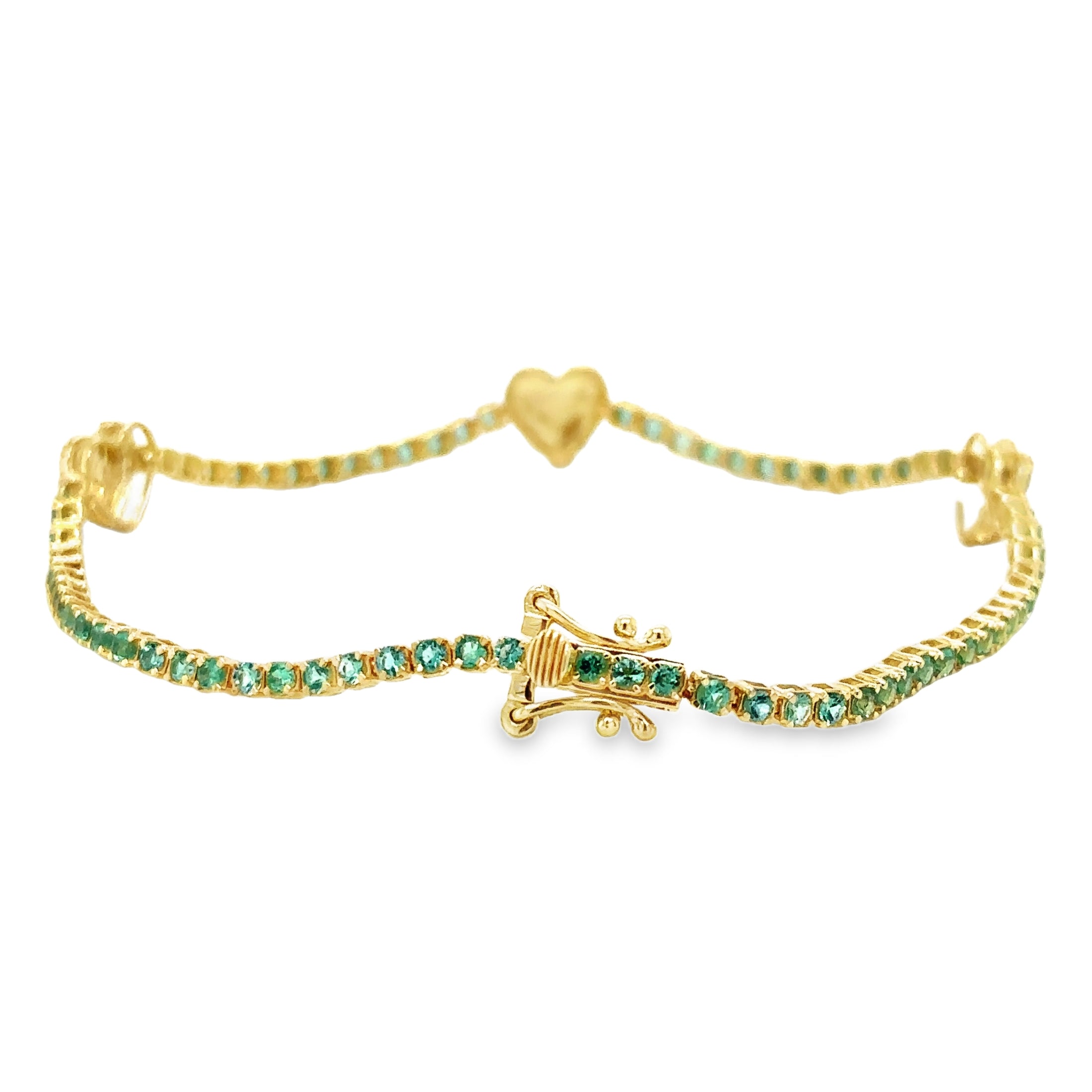 14K Yellow Gold Emerald & Diamonds Heart Tennis Bracelet  1.51 TCW