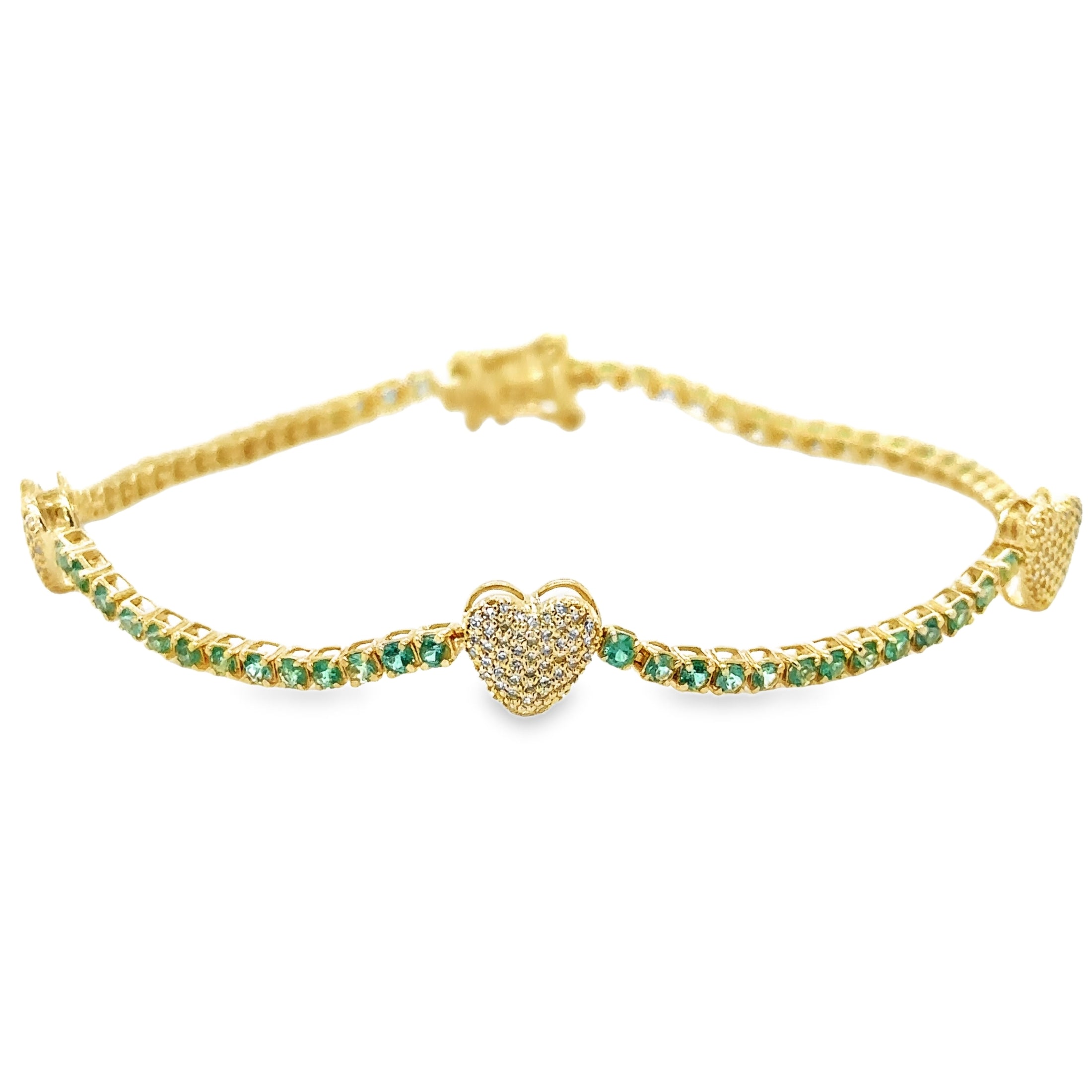 14K Yellow Gold Emerald & Diamonds Heart Tennis Bracelet  1.51 TCW