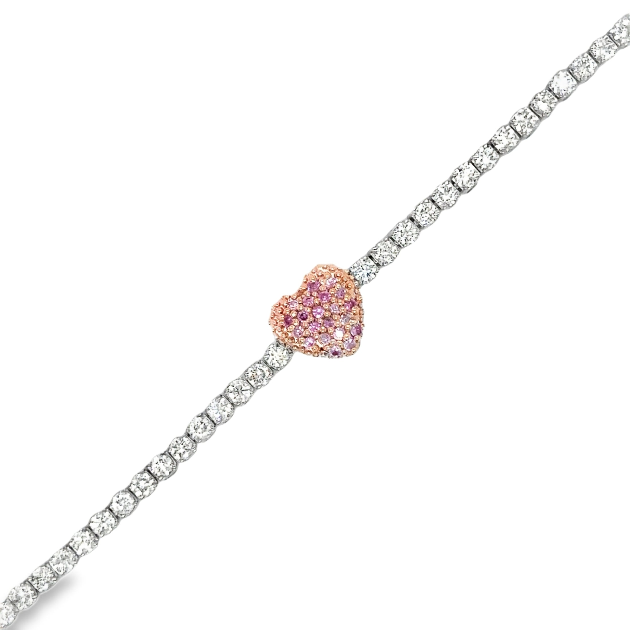 14K Two Tone Pink Sapphire & Diamonds Heart Tennis Bracelet  1.85 TCW