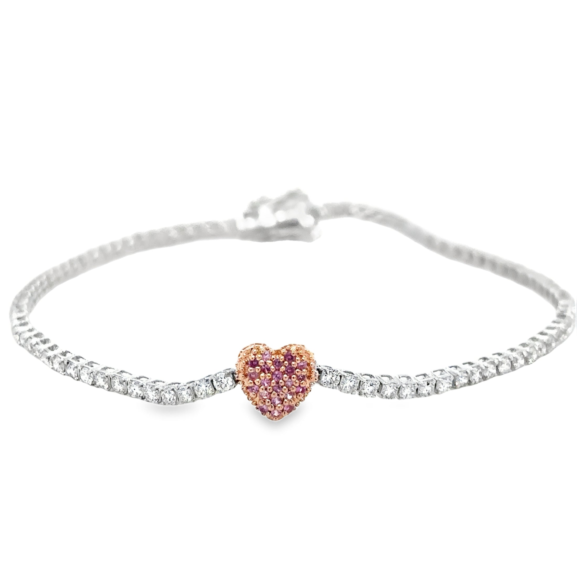 14K Two Tone Pink Sapphire & Diamonds Heart Tennis Bracelet  1.85 TCW