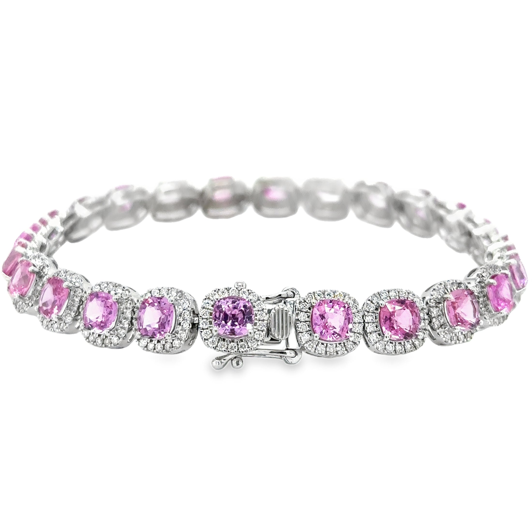 14K White Gold Diamond Pink Sapphire Cushion Shape Bracelet  15.14 TCW