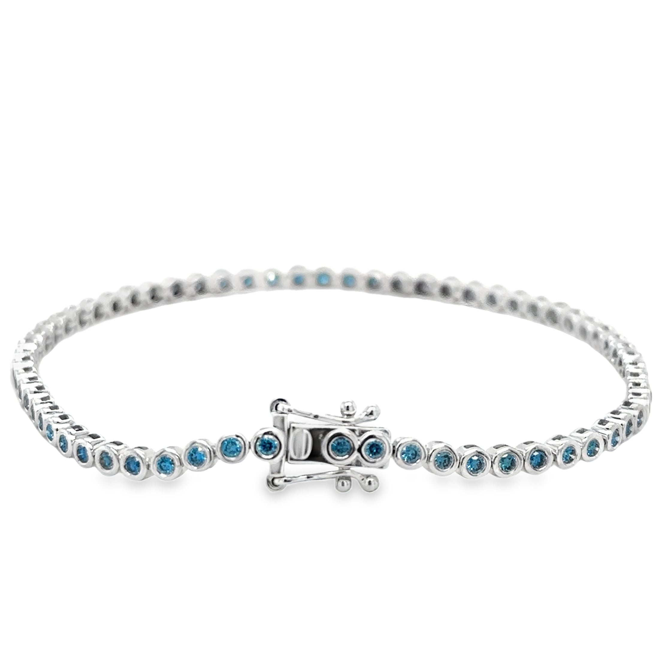 14K White Gold Blue Diamond Bezel Tennis Bracelet  1.00 TCW