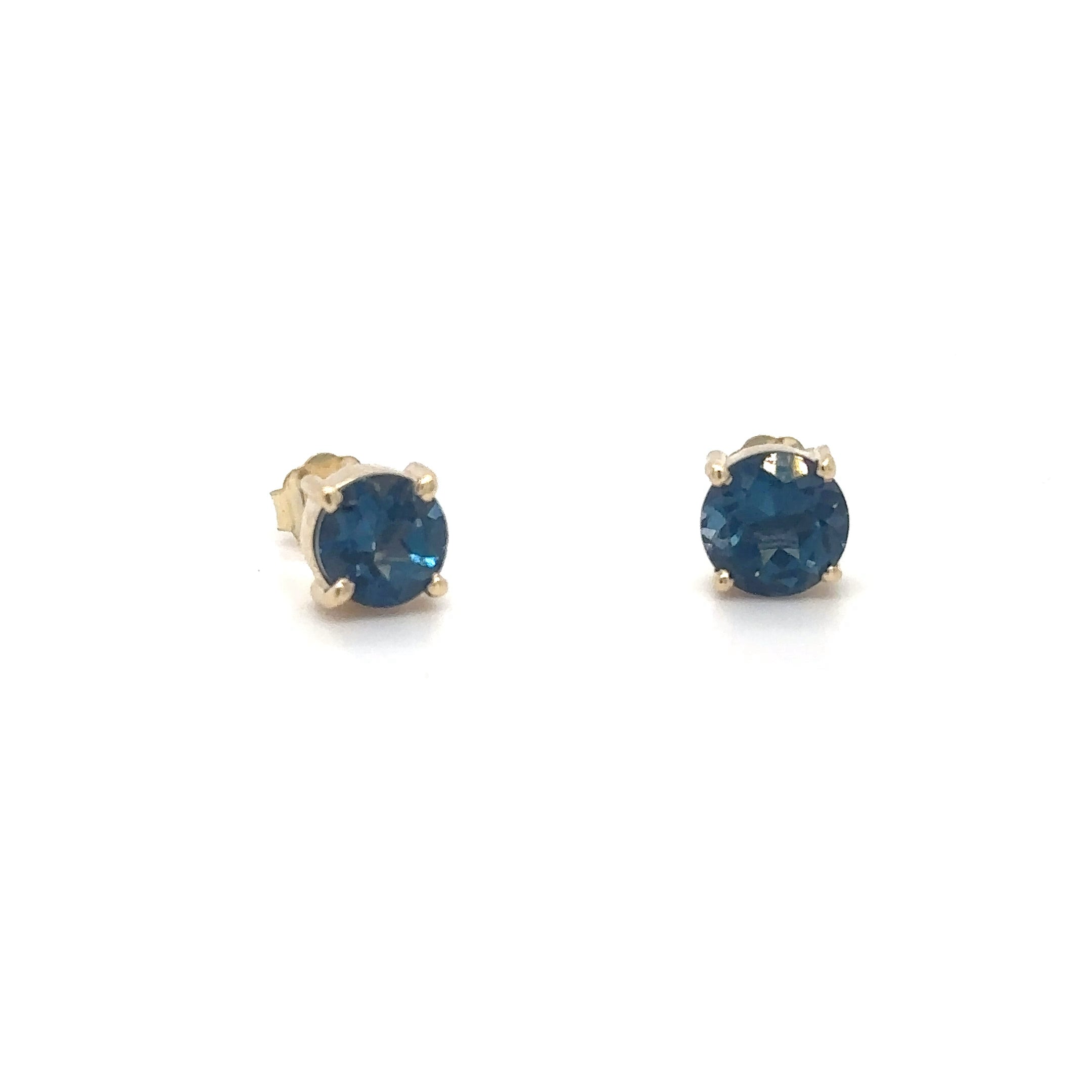 Pendientes De Topacio Azul De Londres Con Forma Redonda De Oro Amarillo De 14 K, 1.88CT