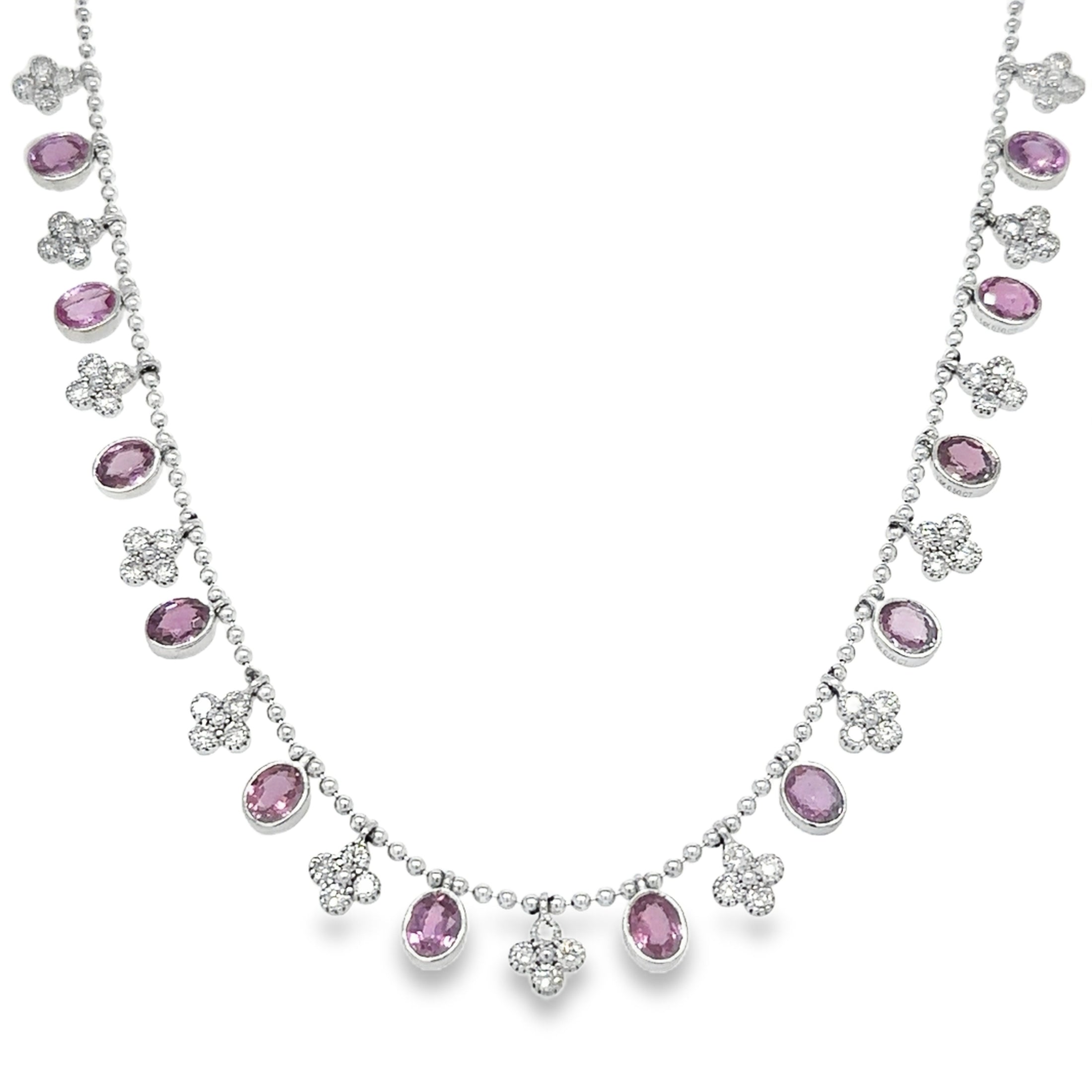 14K White Gold Pink Sapphire & Diamond Clover Dangling Necklace 5.29 TCW